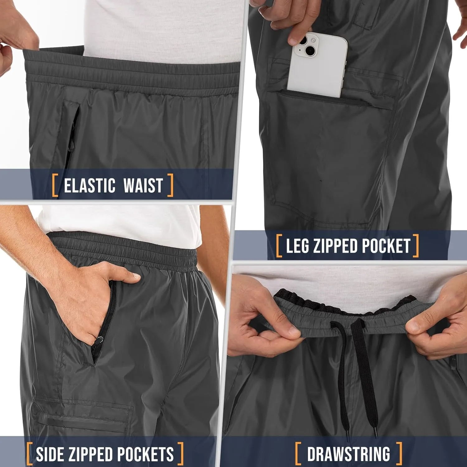 Men's Rain Pants Waterproof Over Pants with Zipper Pocket, Wind Proof Outdoor Cloth for Hiking, Fishing, Golf
