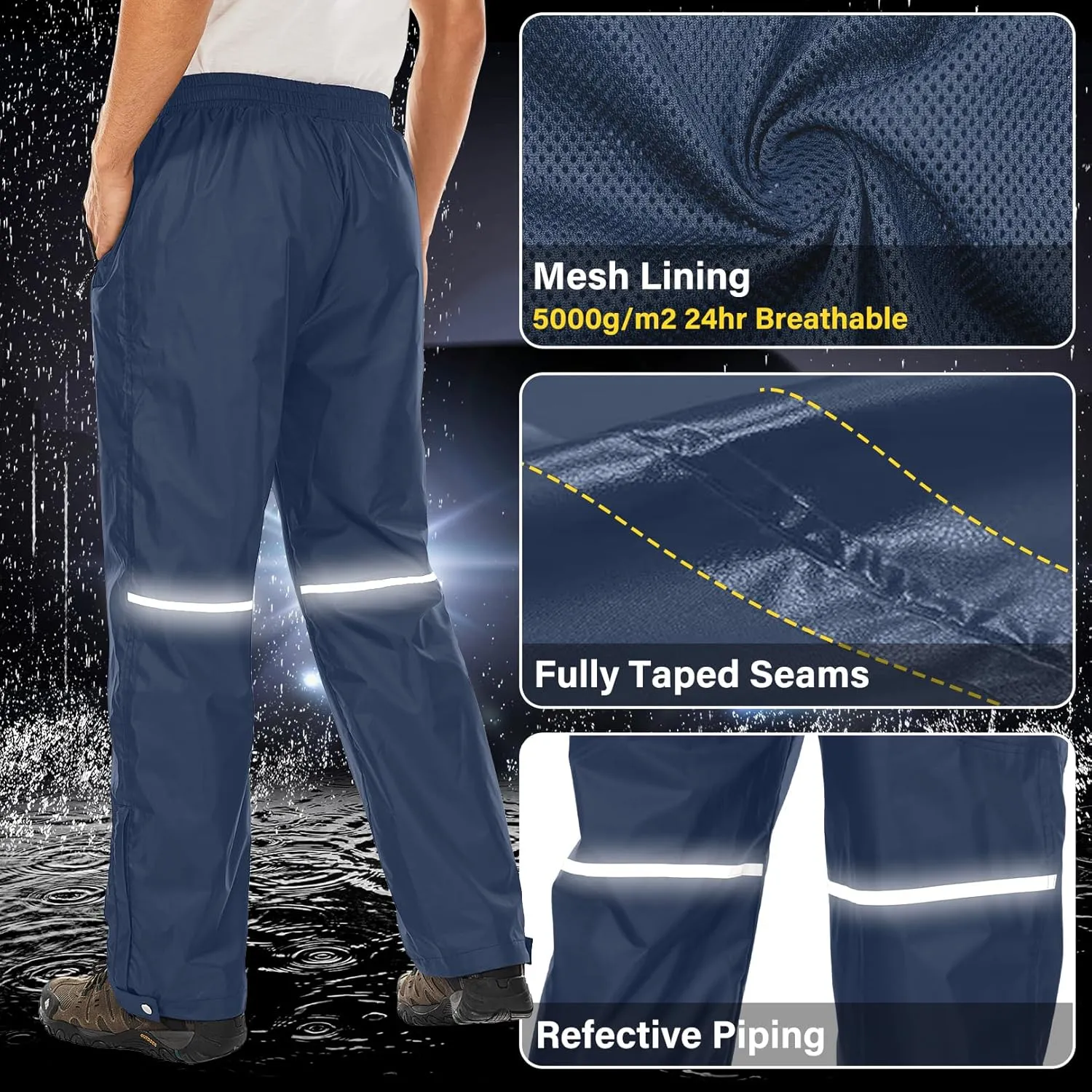 Men's Rain Pants Waterproof Over Pants with Zipper Pocket, Wind Proof Outdoor Cloth for Hiking, Fishing, Golf