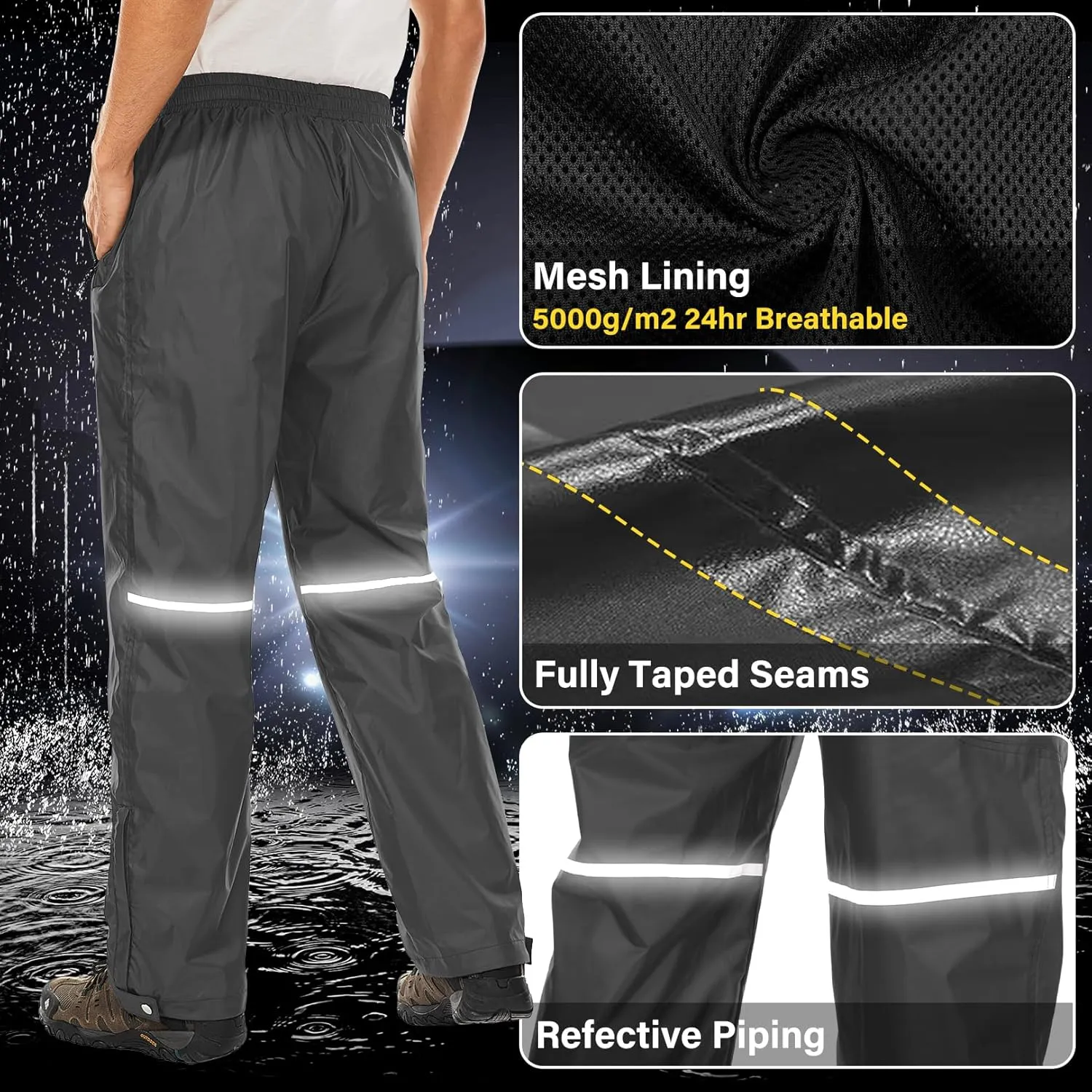 Men's Rain Pants Waterproof Over Pants with Zipper Pocket, Wind Proof Outdoor Cloth for Hiking, Fishing, Golf
