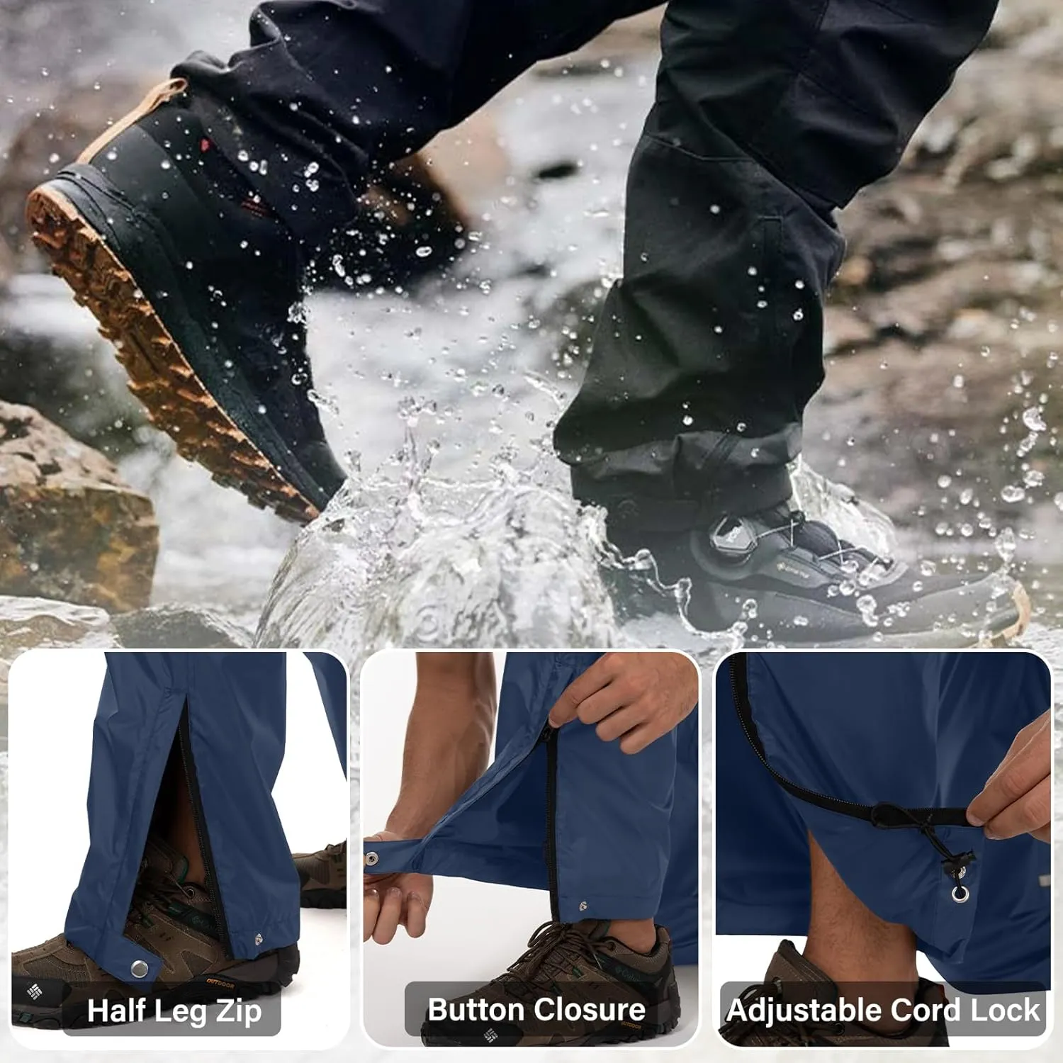 Men's Rain Pants Waterproof Over Pants with Zipper Pocket, Wind Proof Outdoor Cloth for Hiking, Fishing, Golf