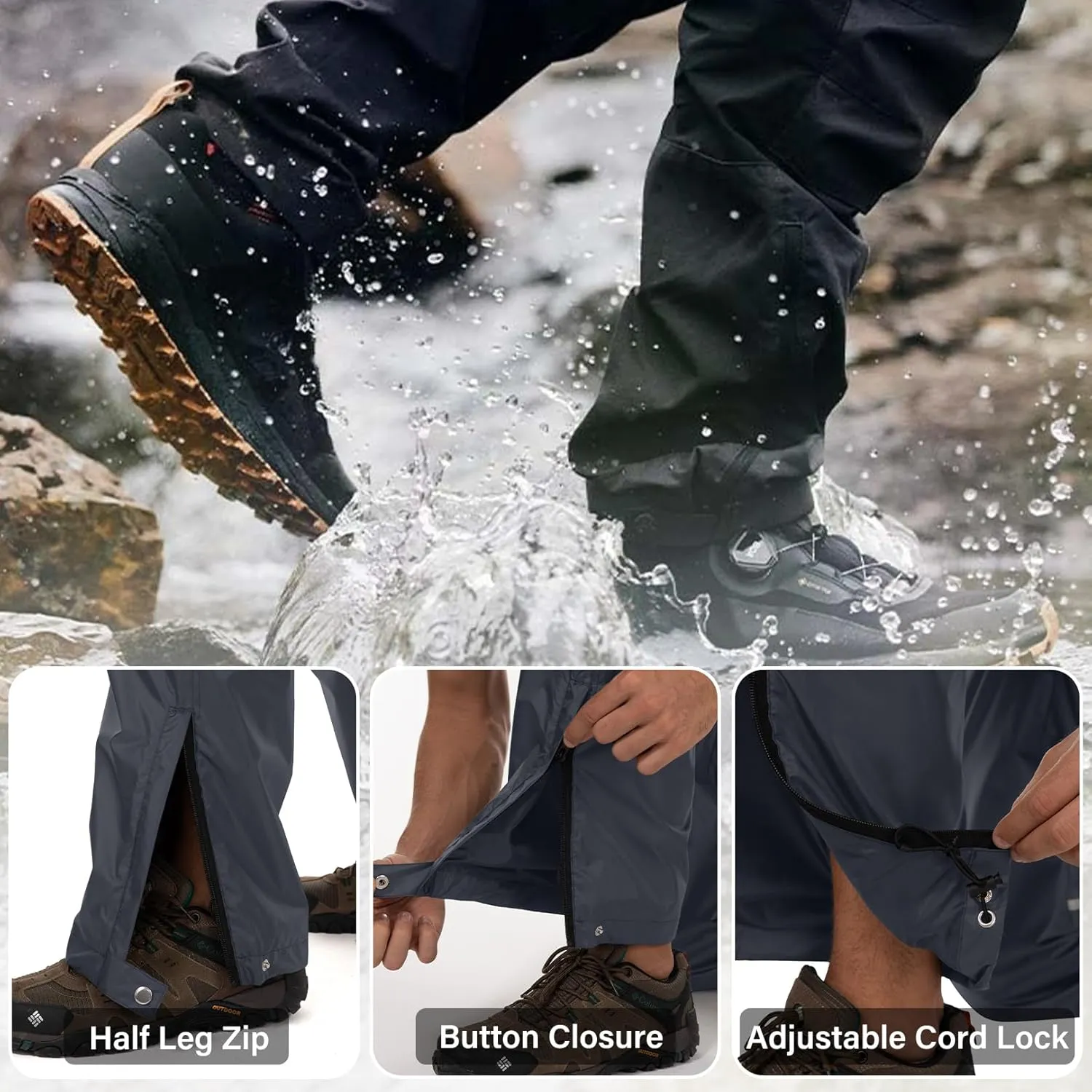 Men's Rain Pants Waterproof Over Pants with Zipper Pocket, Wind Proof Outdoor Cloth for Hiking, Fishing, Golf