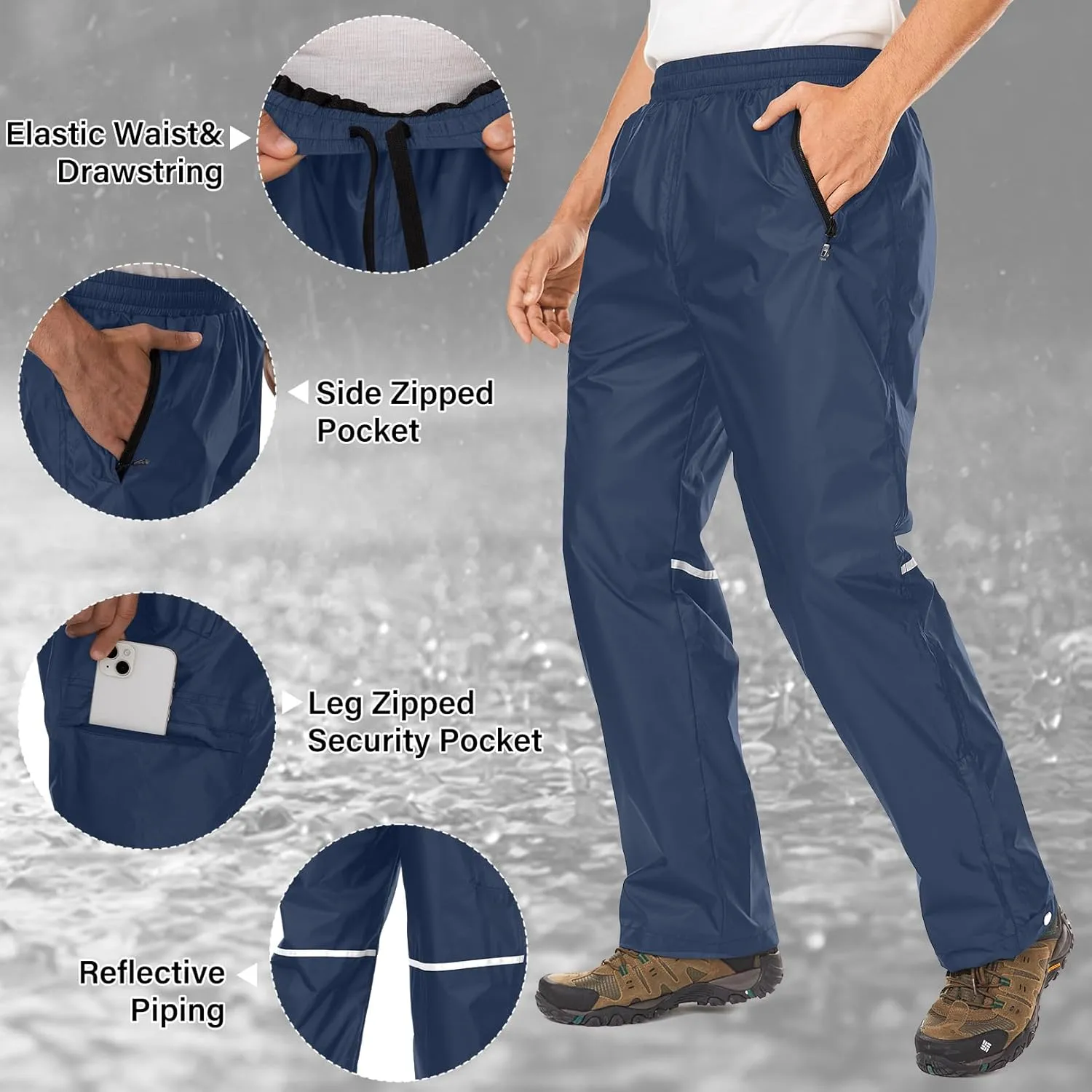 Men's Rain Pants Waterproof Over Pants with Zipper Pocket, Wind Proof Outdoor Cloth for Hiking, Fishing, Golf