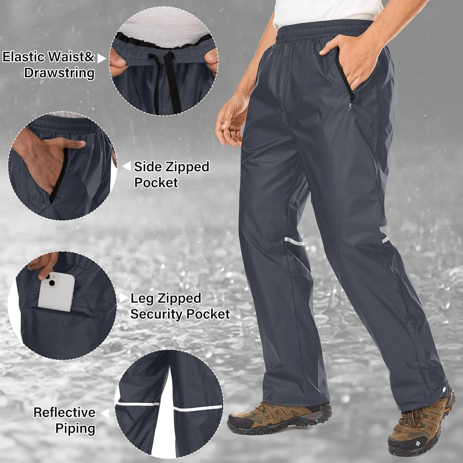 Men's Rain Pants Waterproof Over Pants with Zipper Pocket, Wind Proof Outdoor Cloth for Hiking, Fishing, Golf