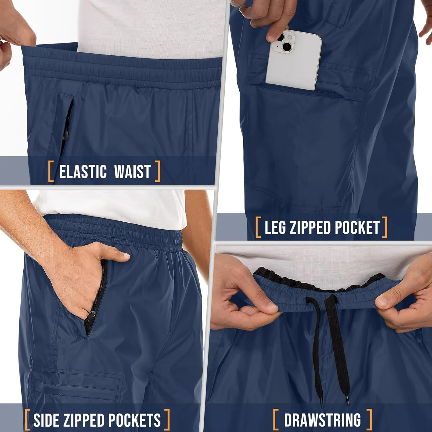 Men's Rain Pants Waterproof Over Pants with Zipper Pocket, Wind Proof Outdoor Cloth for Hiking, Fishing, Golf