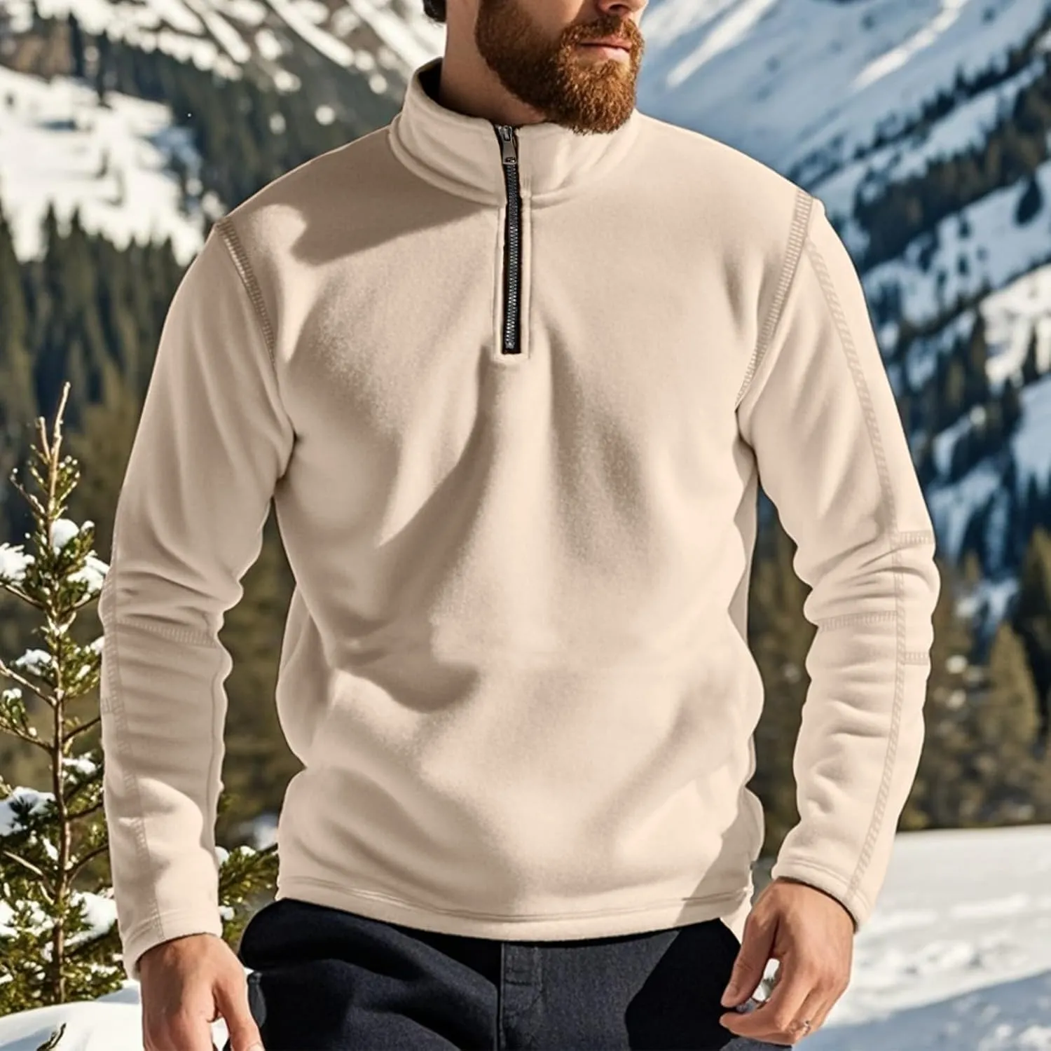 Men's Sherpa Lined Quarter Zip Sweatshirt Fleece Long Sleeve Heavyweight Pullover Tops Winter Turtleneck Warm Shirts
