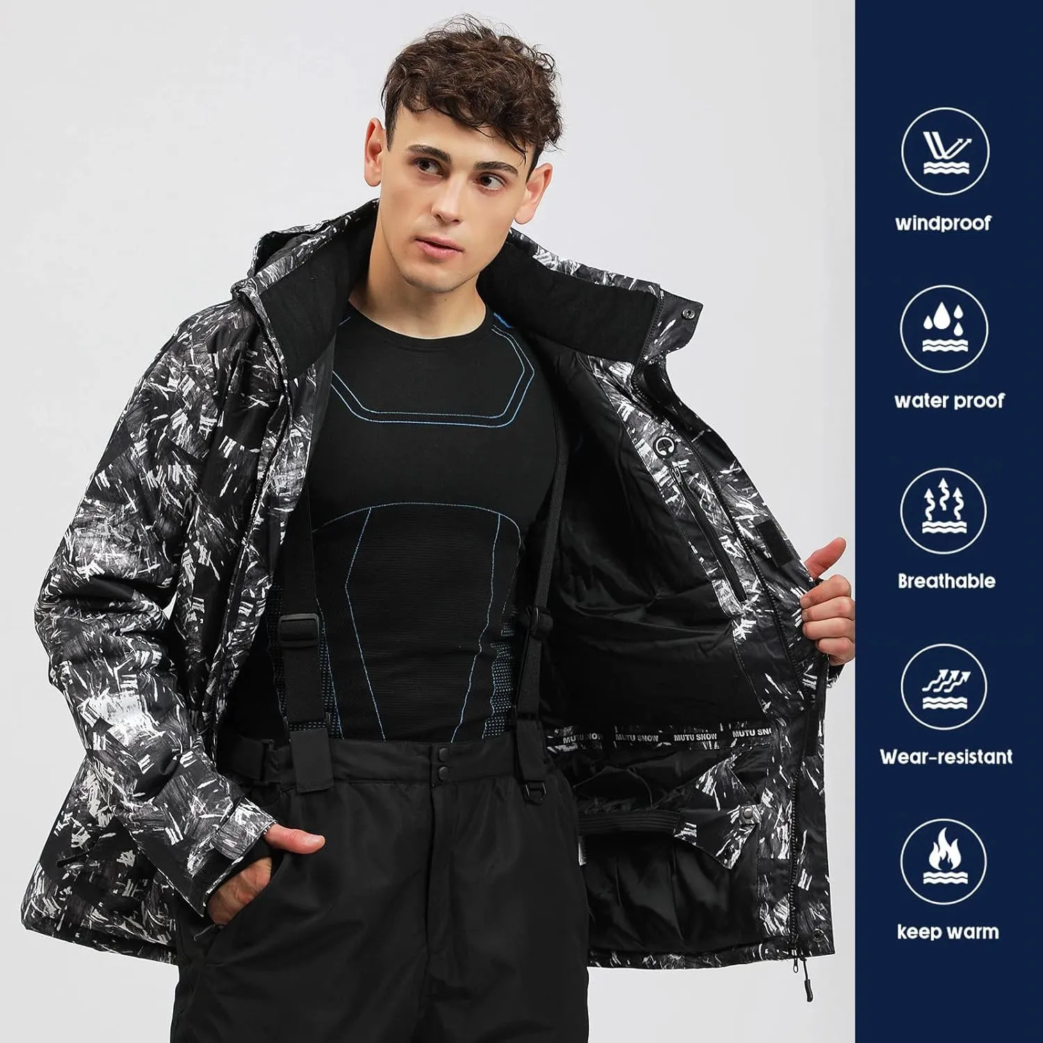 Mens Ski Jacket and Pants Set Ski Suit Winter Waterproof Windproof Hooded Snow Coat 2 Pieces Snowboarding Snowsuits