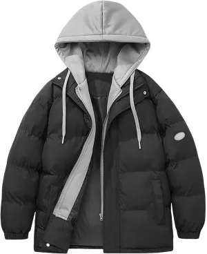 Mens Warm Puffer Jacket Warm Thick Full Zipper Waterproof Down Coats Winter Outdoor Skiing Coat with Detachable Hood