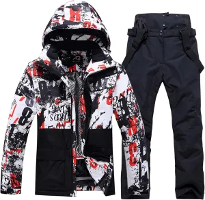 Mens Winter Ski Suit Two Piece Snow Suit Waterproof Ski Jacket and Pants Set Outdoor Snowboard Jacket