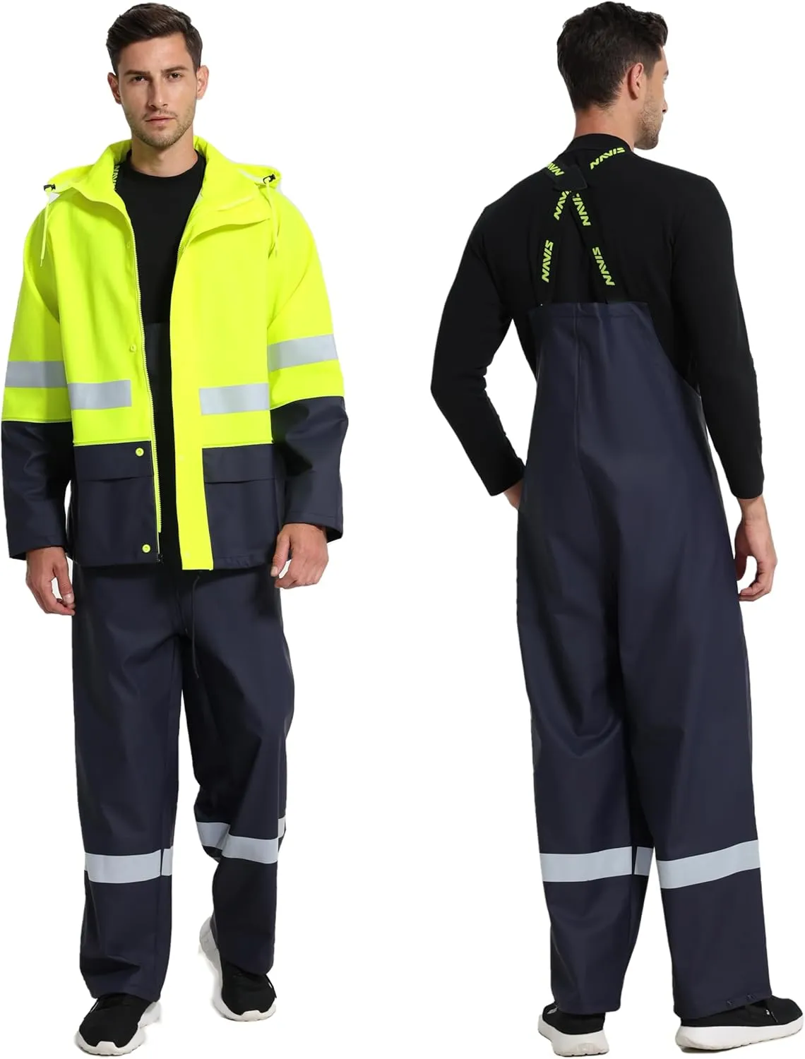 Men's Workwear PRO Rain Suit - Waterproof Jacket and Bib Pants 3-piece Set for Ultimate Safety and Comfort