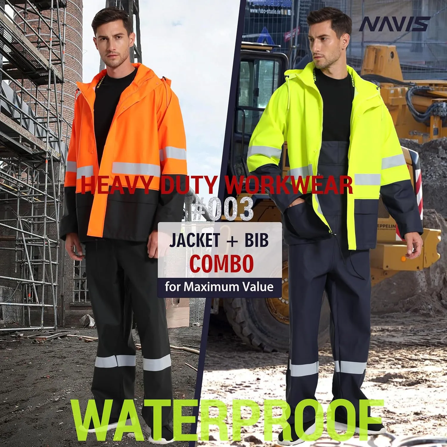 Men's Workwear PRO Rain Suit - Waterproof Jacket and Bib Pants 3-piece Set for Ultimate Safety and Comfort