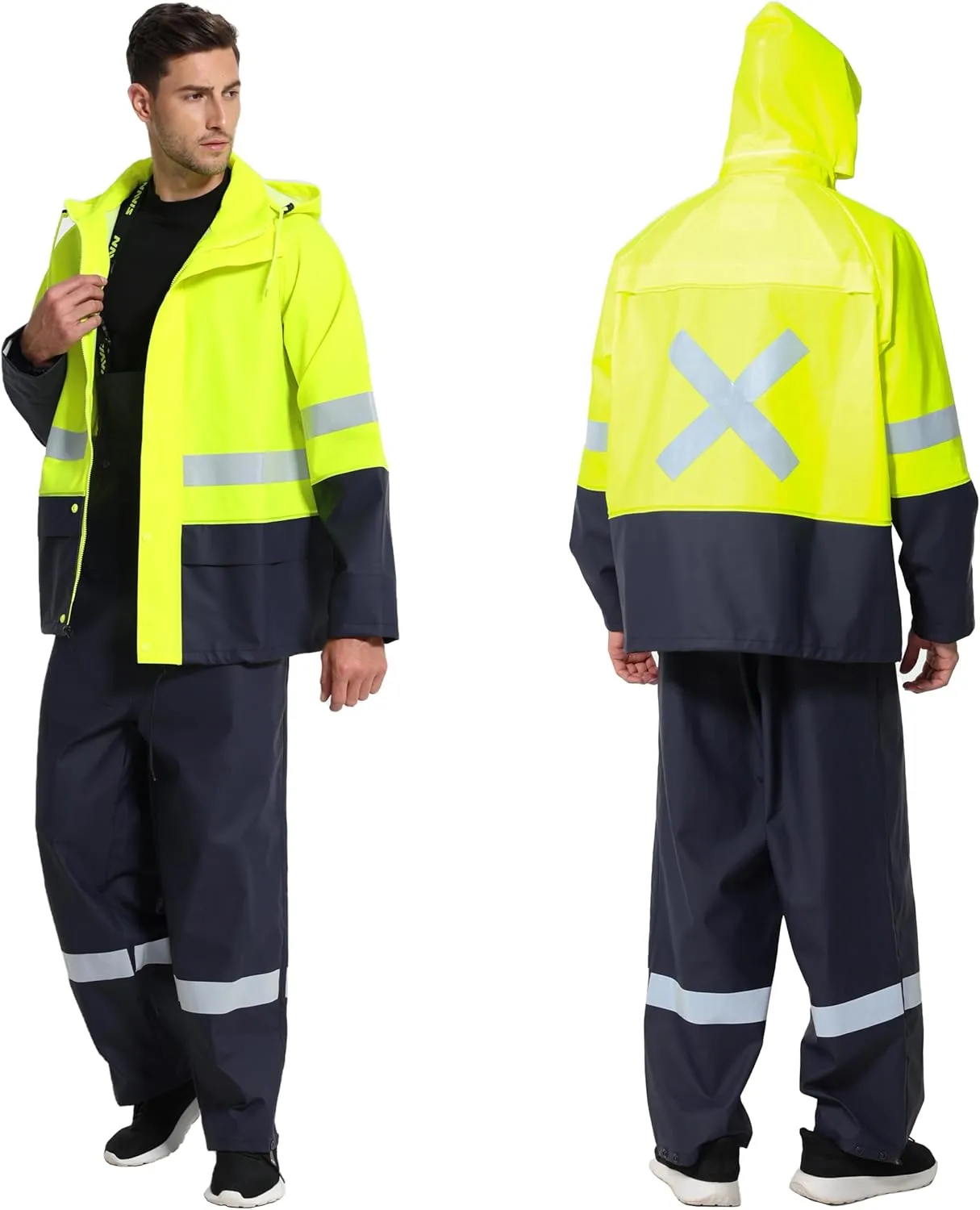 Men's Workwear PRO Rain Suit - Waterproof Jacket and Bib Pants 3-piece Set for Ultimate Safety and Comfort