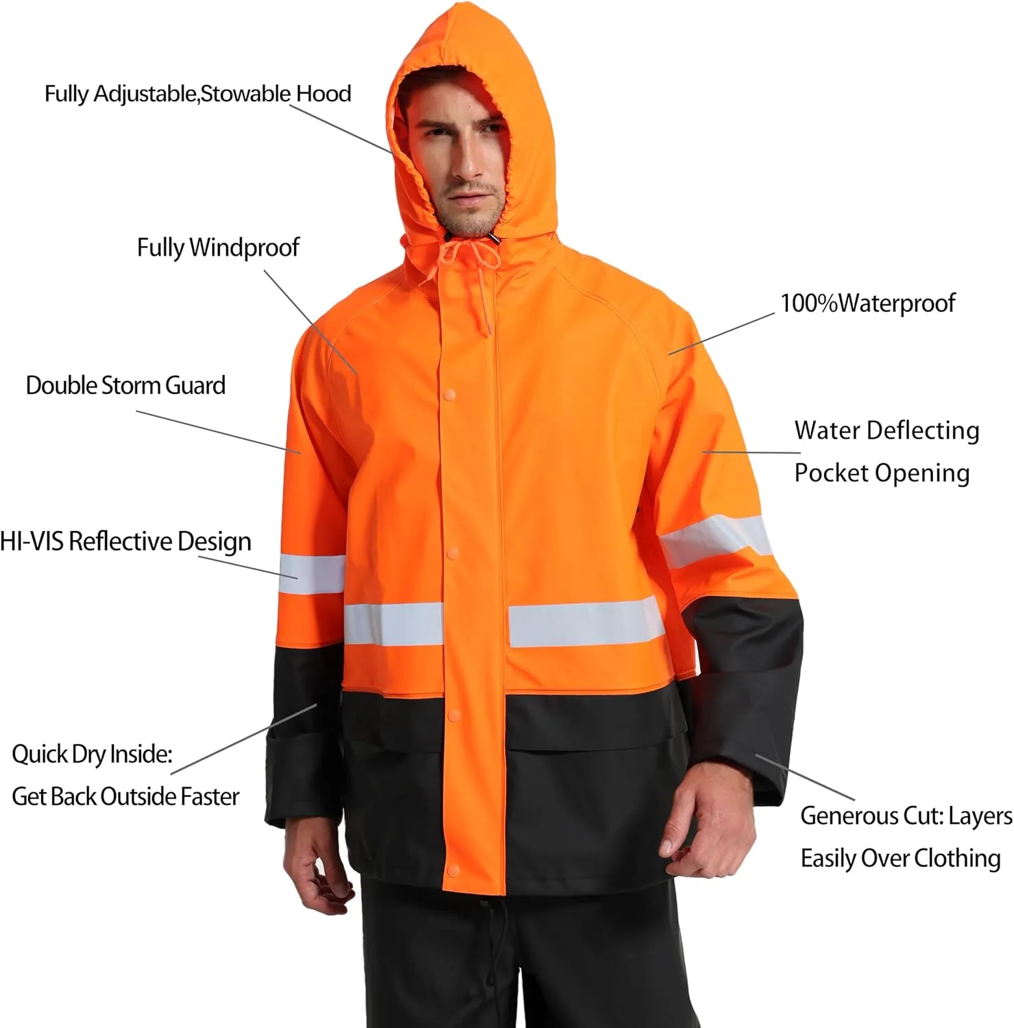 Men's Workwear PRO Rain Suit - Waterproof Jacket and Bib Pants 3-piece Set for Ultimate Safety and Comfort