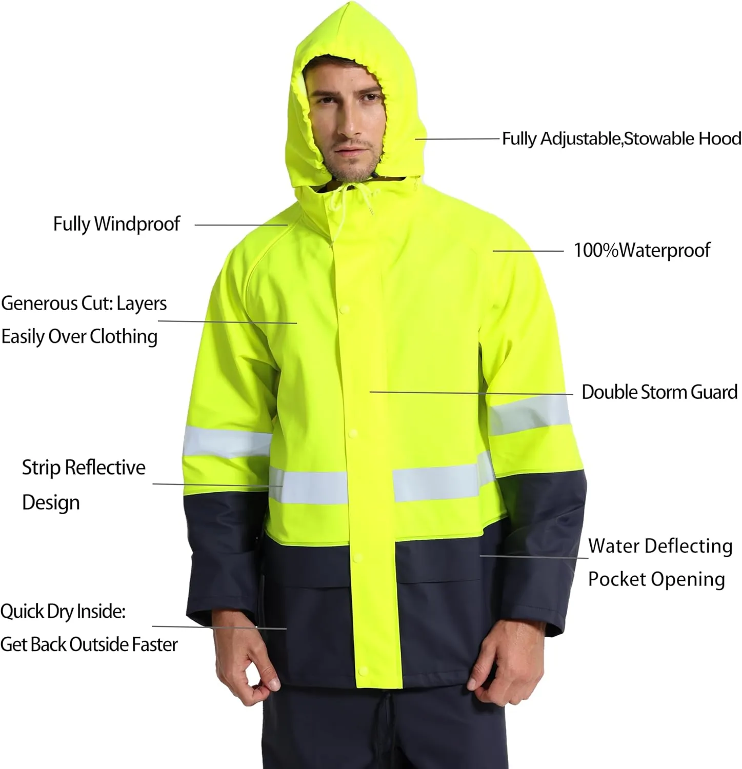 Men's Workwear PRO Rain Suit - Waterproof Jacket and Bib Pants 3-piece Set for Ultimate Safety and Comfort