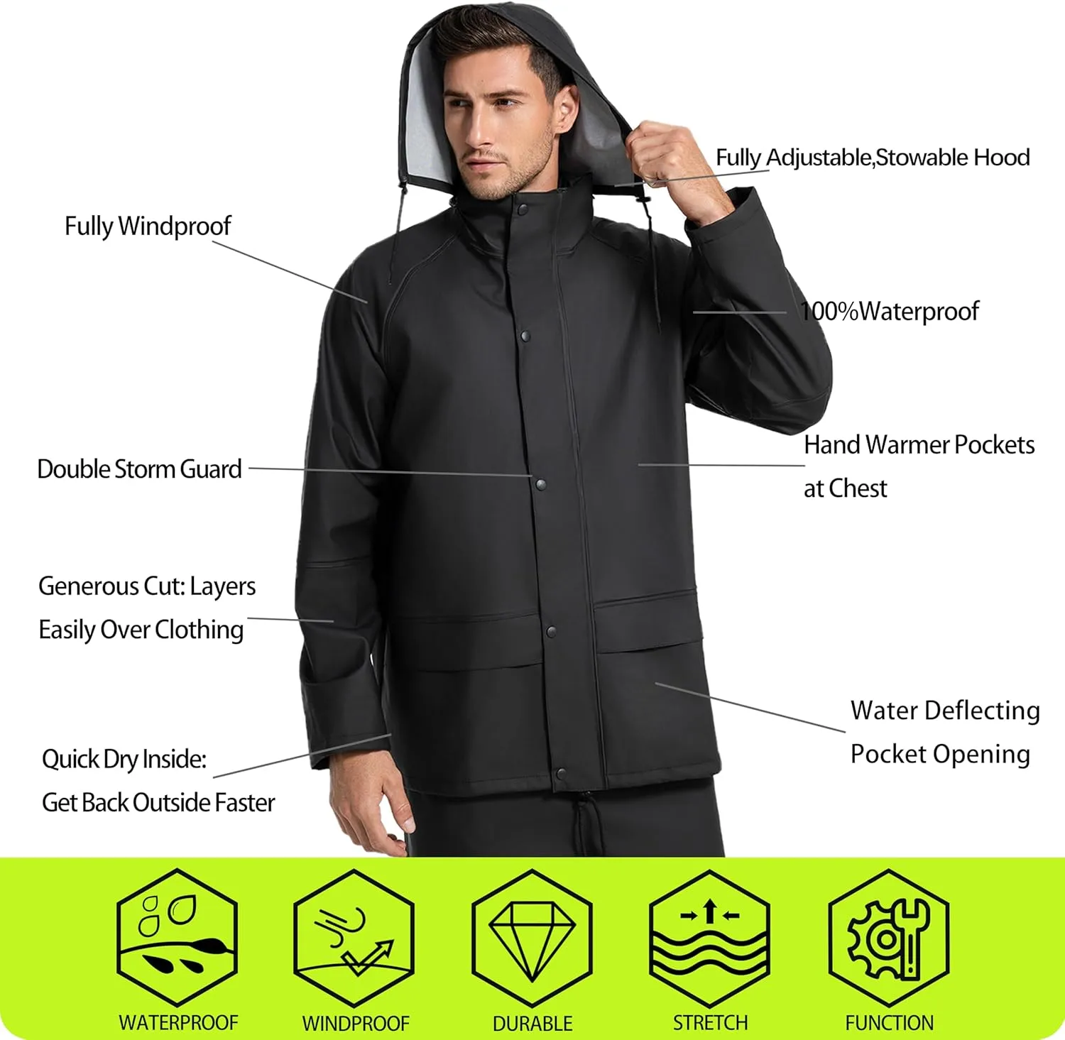 Men's Workwear Rain Suit - Hi Vis Waterproof Jacket&Pants 3-piece Set, Foul Weather Gear for Safety