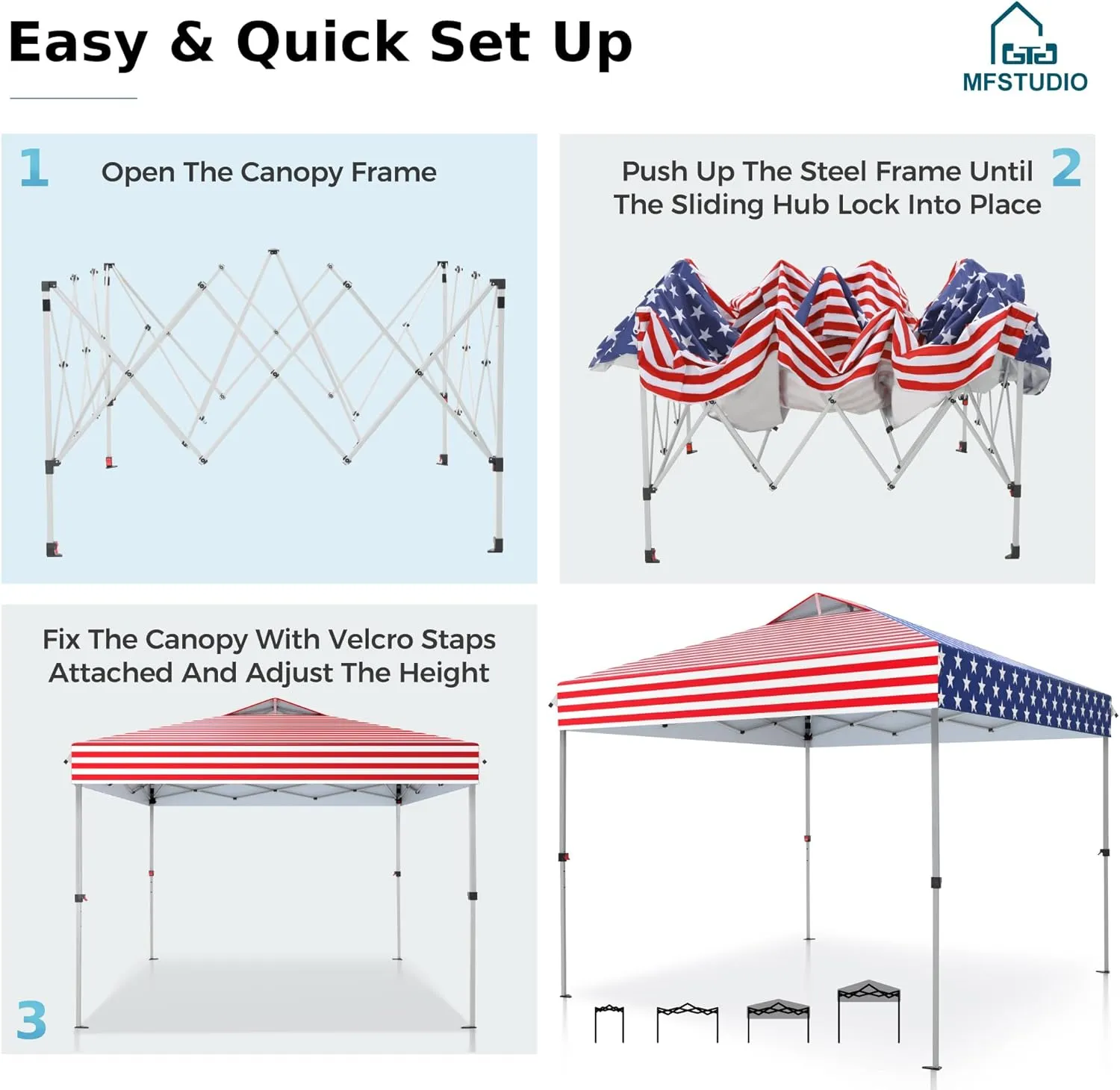 MFSTUDIO 10x10 Pop Up Canopy Tent, Gazebo Shelter Sun Shade Canopies Waterproof Patio Portable Popup Tents for Beach,Parties,Camping,100 Sq,American Flag