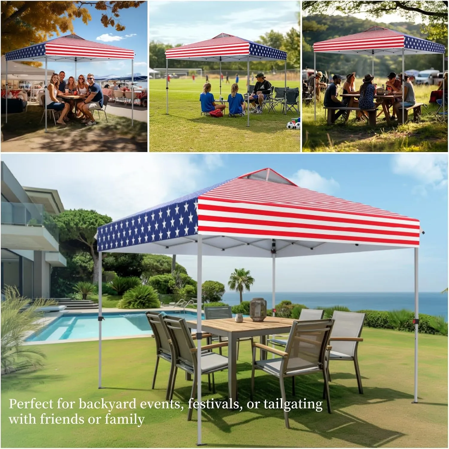 MFSTUDIO 10x10 Pop Up Canopy Tent, Gazebo Shelter Sun Shade Canopies Waterproof Patio Portable Popup Tents for Beach,Parties,Camping,100 Sq,American Flag