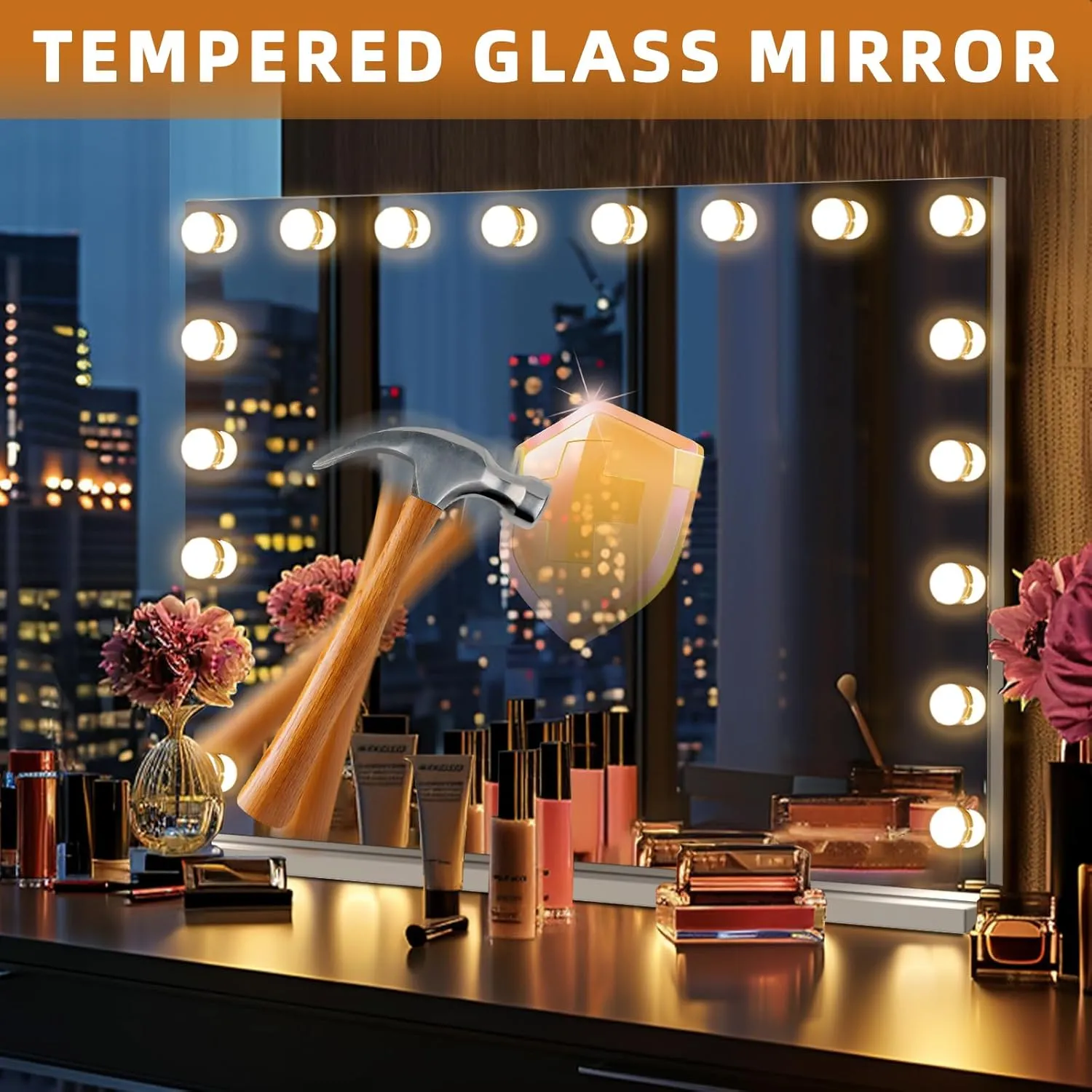Misavanity Large Vanity Mirror with Lights 31.40’’ x 23.40’’ Tempered Galss Speaker Lighted Hollywood Mirror with 18 LED Dimmable Bulbs 3 Lighting Modes USB Charging Port and 10X Magnification, White