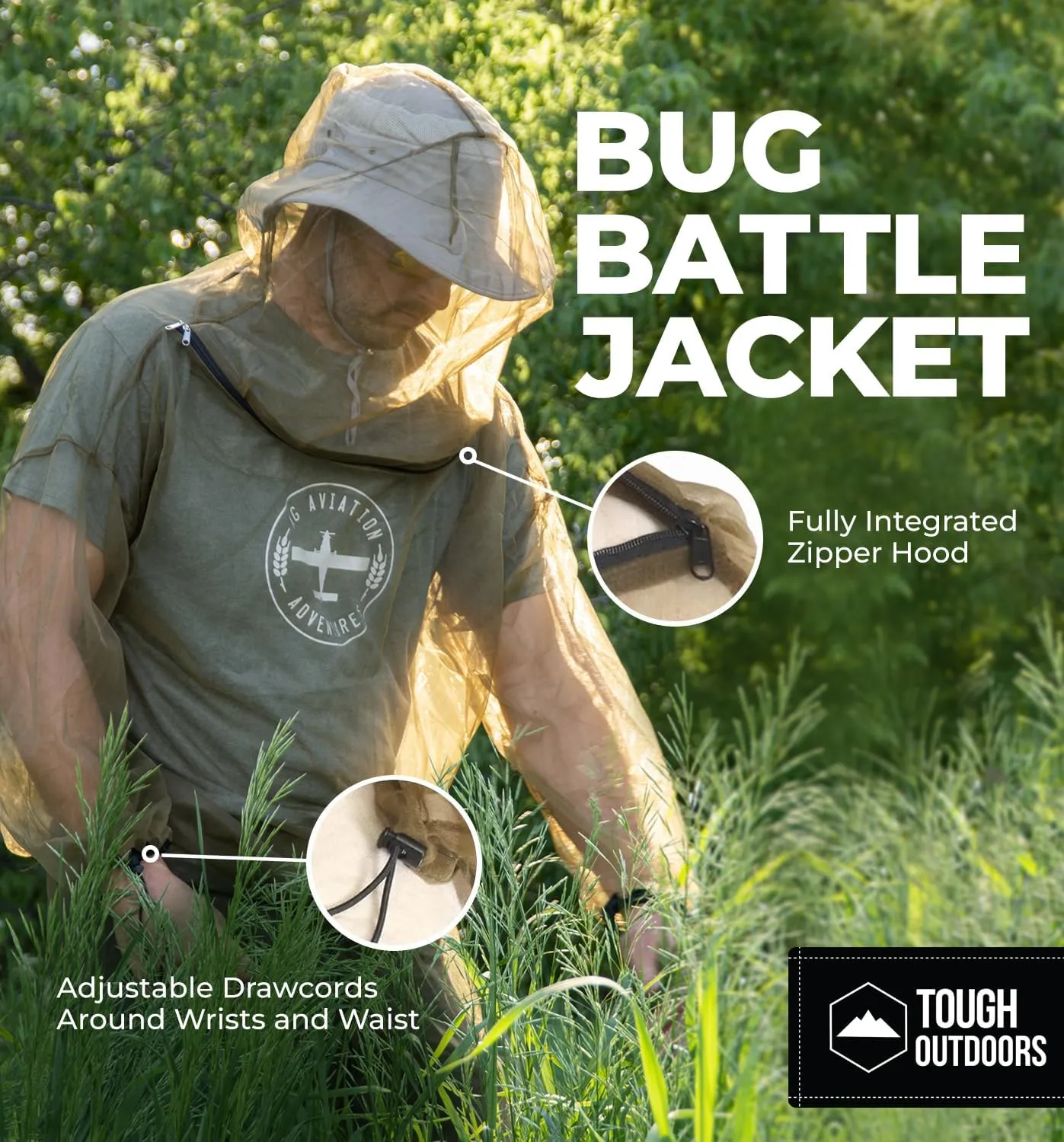 Mosquito Jacket - Net Bug Mesh Jacket w/Hood for Outdoor Protection from Bugs, Flies, Gnats, No-See-Ums & Midges - Mosquito Proof Clothing for Men & Women - w/Free Carry Pouch