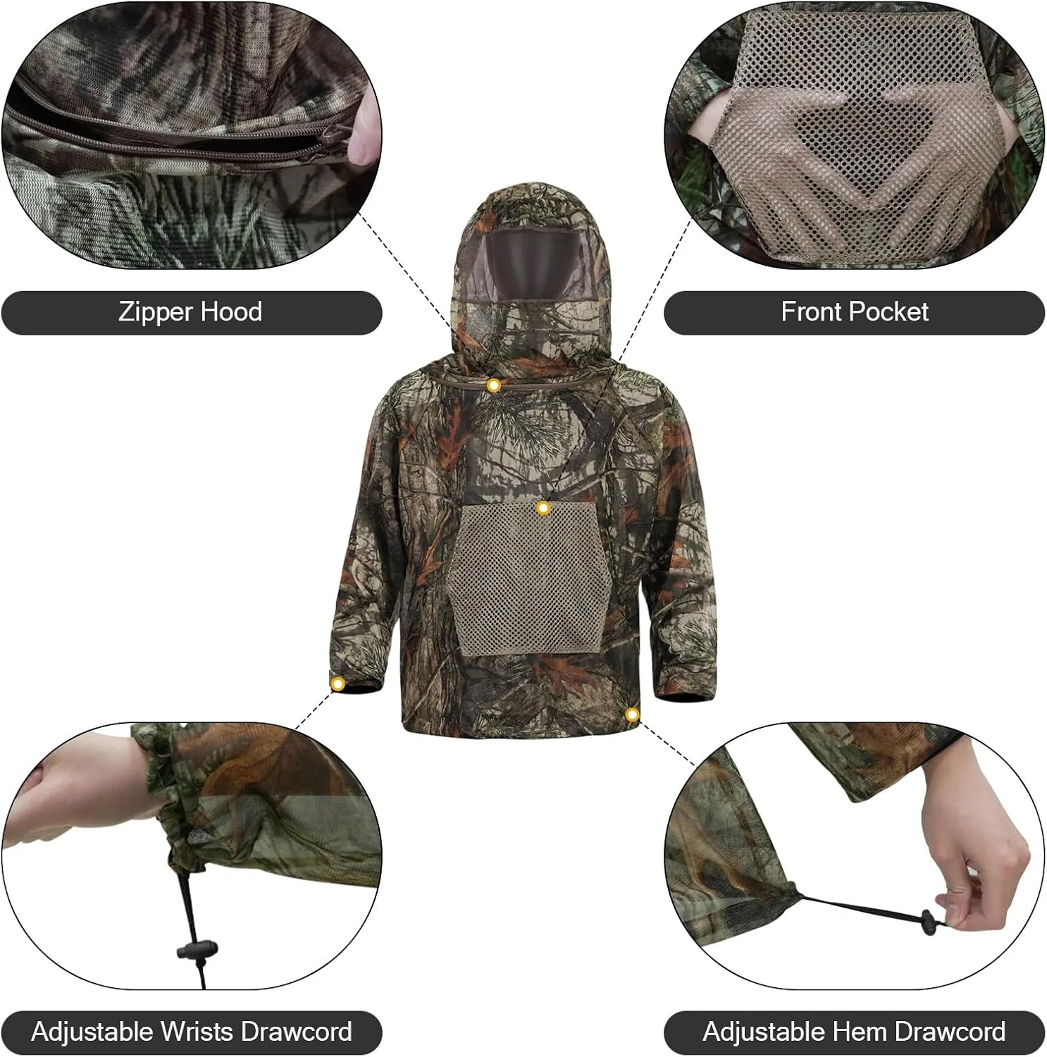Mosquito Netting Suit Bug Net Mesh Clothing with Hood Outdoor Garden Hunting Camo Protection from Fly Insects Bugs