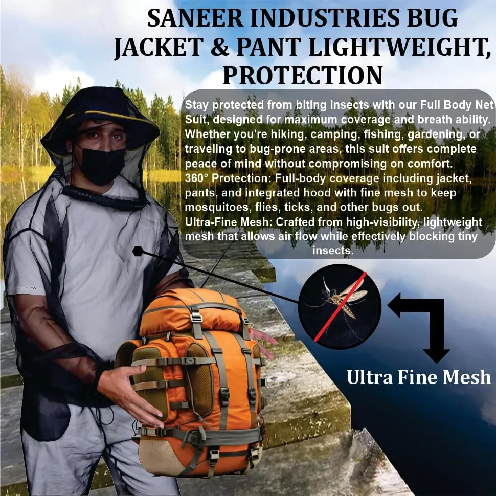 Mosquito Suit - Net Bug Mesh Pants & Jacket Hood for Outdoor Protection from Bugs, Flies, Gnats