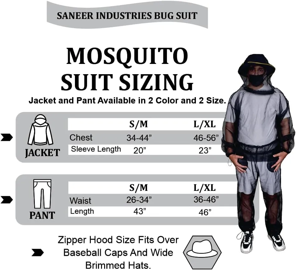 Mosquito Suit - Net Bug Mesh Pants & Jacket Hood for Outdoor Protection from Bugs, Flies, Gnats