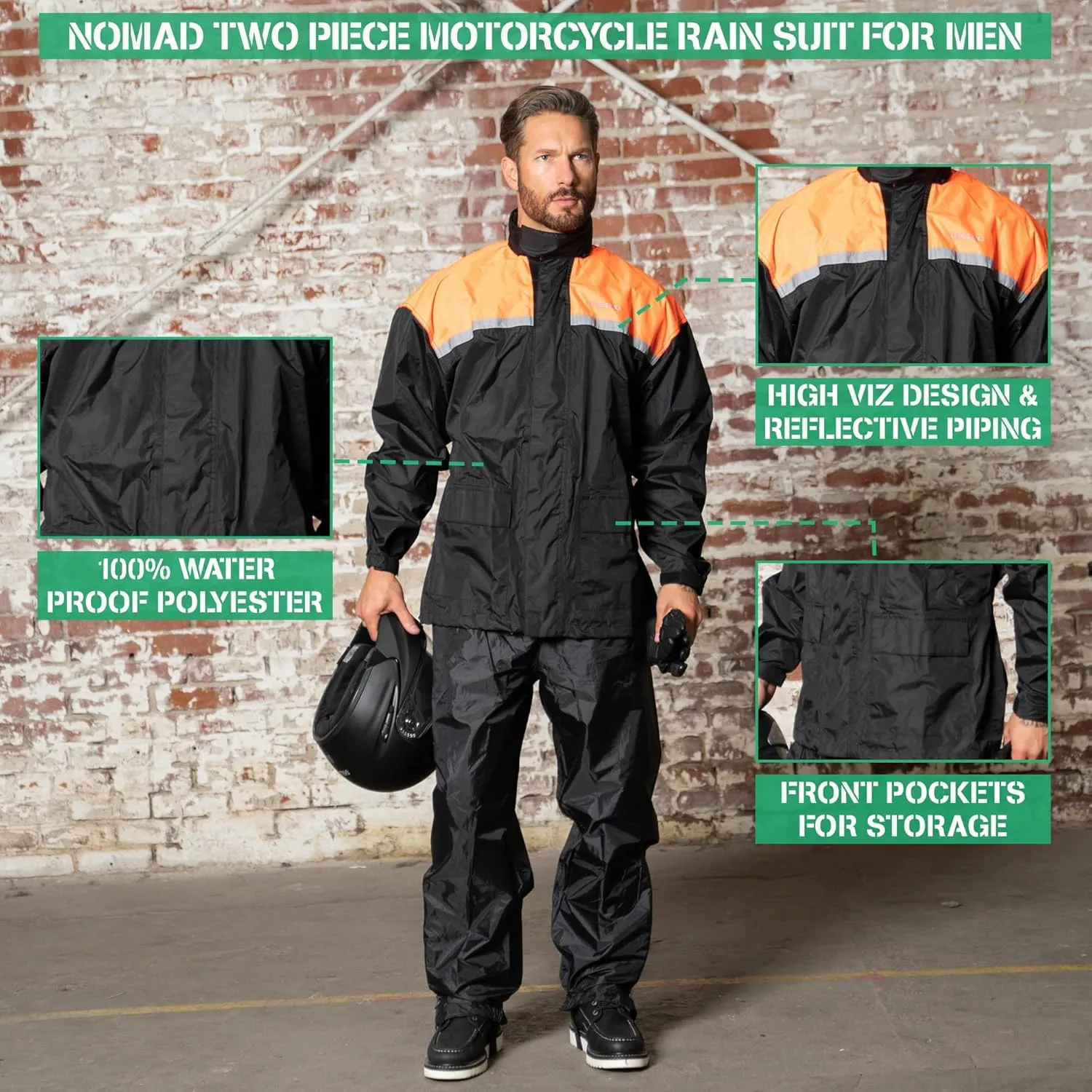 Motorcycle Rain Suit for Men & Women 2 Piece Waterproof Rain Jacket & Pants Gear, Lightweight Reflective Raincoat with Hoodie