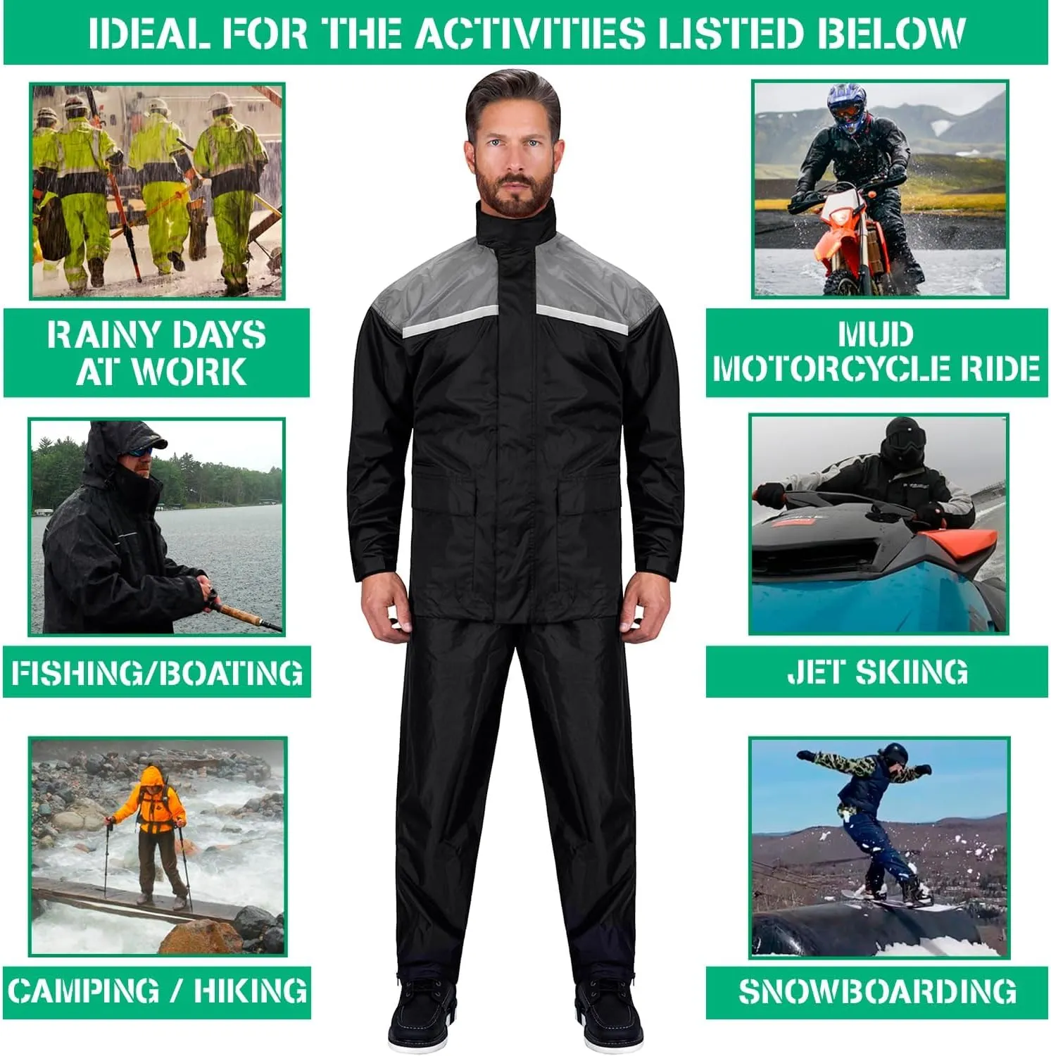 Motorcycle Rain Suit for Men & Women 2 Piece Waterproof Rain Jacket & Pants Gear, Lightweight Reflective Raincoat with Hoodie