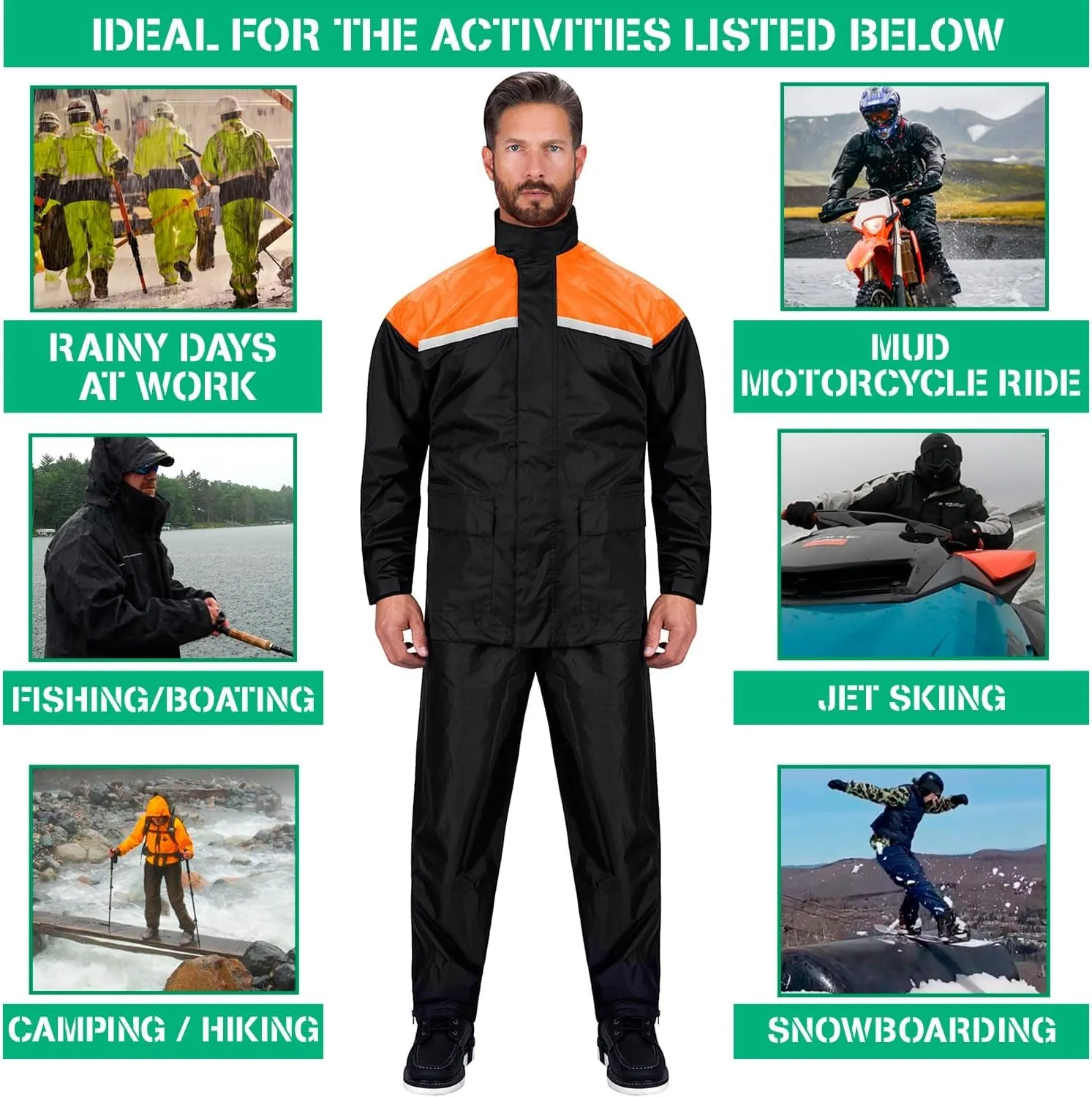 Motorcycle Rain Suit for Men & Women 2 Piece Waterproof Rain Jacket & Pants Gear, Lightweight Reflective Raincoat with Hoodie