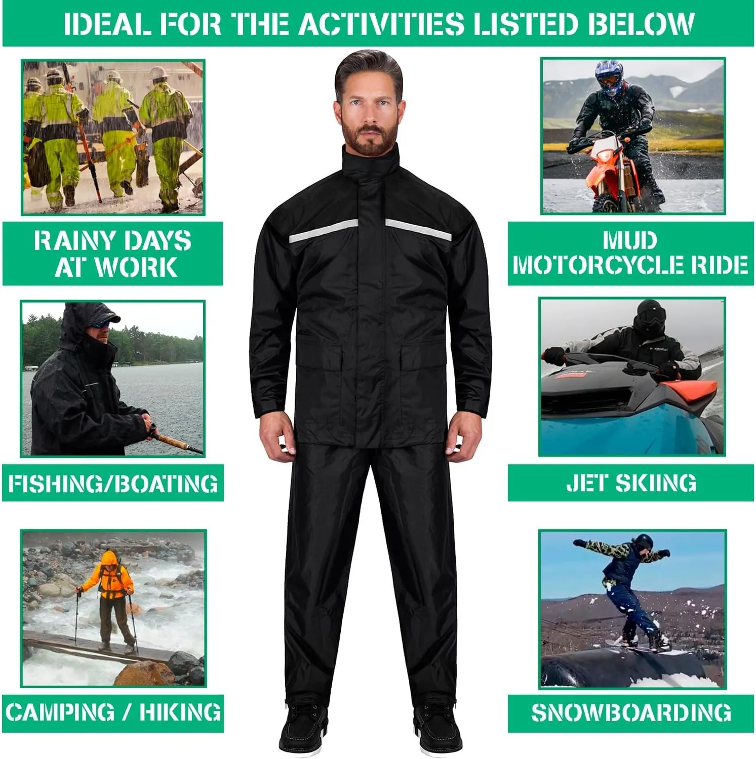 Motorcycle Rain Suit for Men & Women 2 Piece Waterproof Rain Jacket & Pants Gear, Lightweight Reflective Raincoat with Hoodie