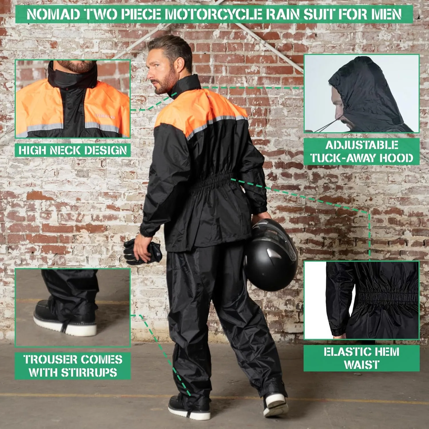 Motorcycle Rain Suit for Men & Women 2 Piece Waterproof Rain Jacket & Pants Gear, Lightweight Reflective Raincoat with Hoodie