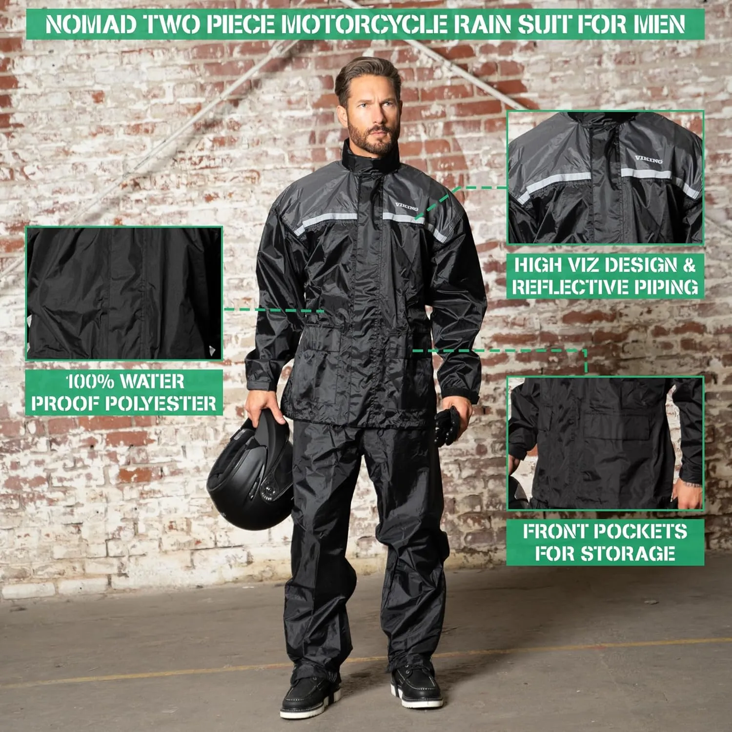 Motorcycle Rain Suit for Men & Women 2 Piece Waterproof Rain Jacket & Pants Gear, Lightweight Reflective Raincoat with Hoodie