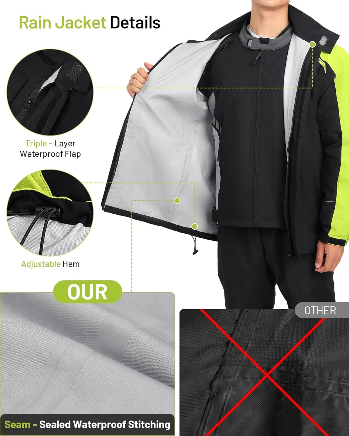 Motorcycle Rain Suit For Men & Women Waterproof Motorcycle Rain Gear Fishing Riding Golf Working Bike Hunting Camping Rain Coat, Lightweight Nylon Reflective Rain Jacket Rain Pants