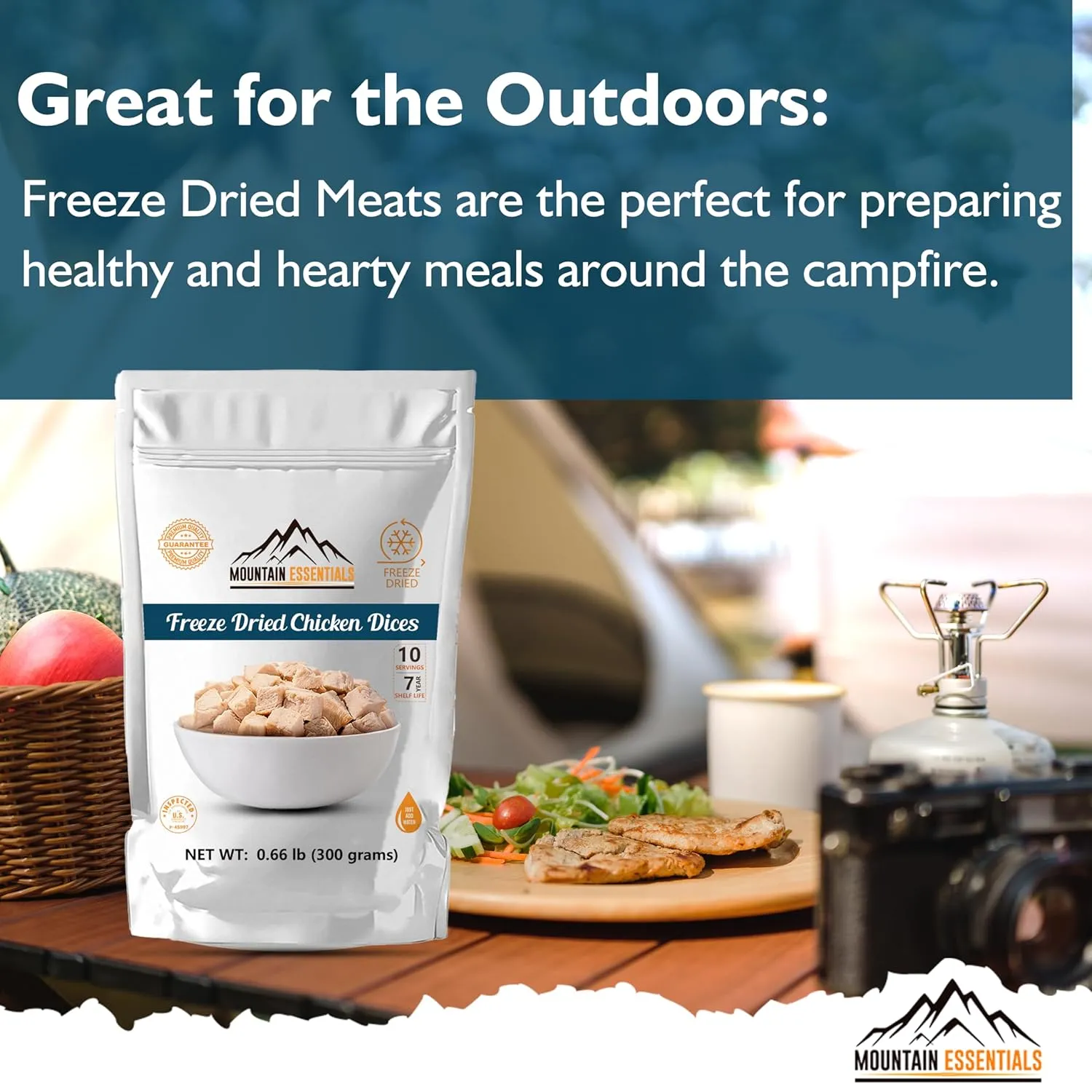 MOUNTAIN ESSENTIALS Freeze Dried Chicken Dices | Pre-Cooked Meat Emergency Survival Bulk Food Storage Ready to Eat Fully Cooked Home Meals Hunting, Survival, Camping, Backpacking Food 10 serving per Pouch Pack of 1