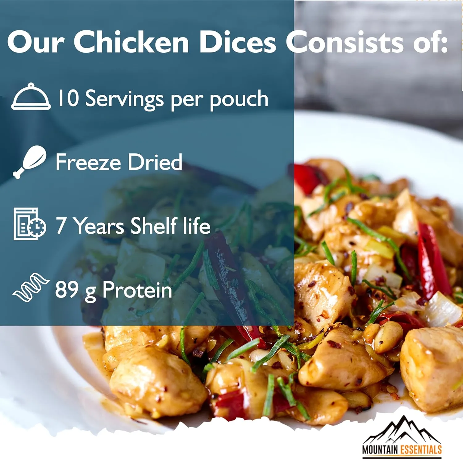 MOUNTAIN ESSENTIALS Freeze Dried Chicken Dices | Pre-Cooked Meat Emergency Survival Bulk Food Storage Ready to Eat Fully Cooked Home Meals Hunting, Survival, Camping, Backpacking Food 10 serving per Pouch Pack of 1