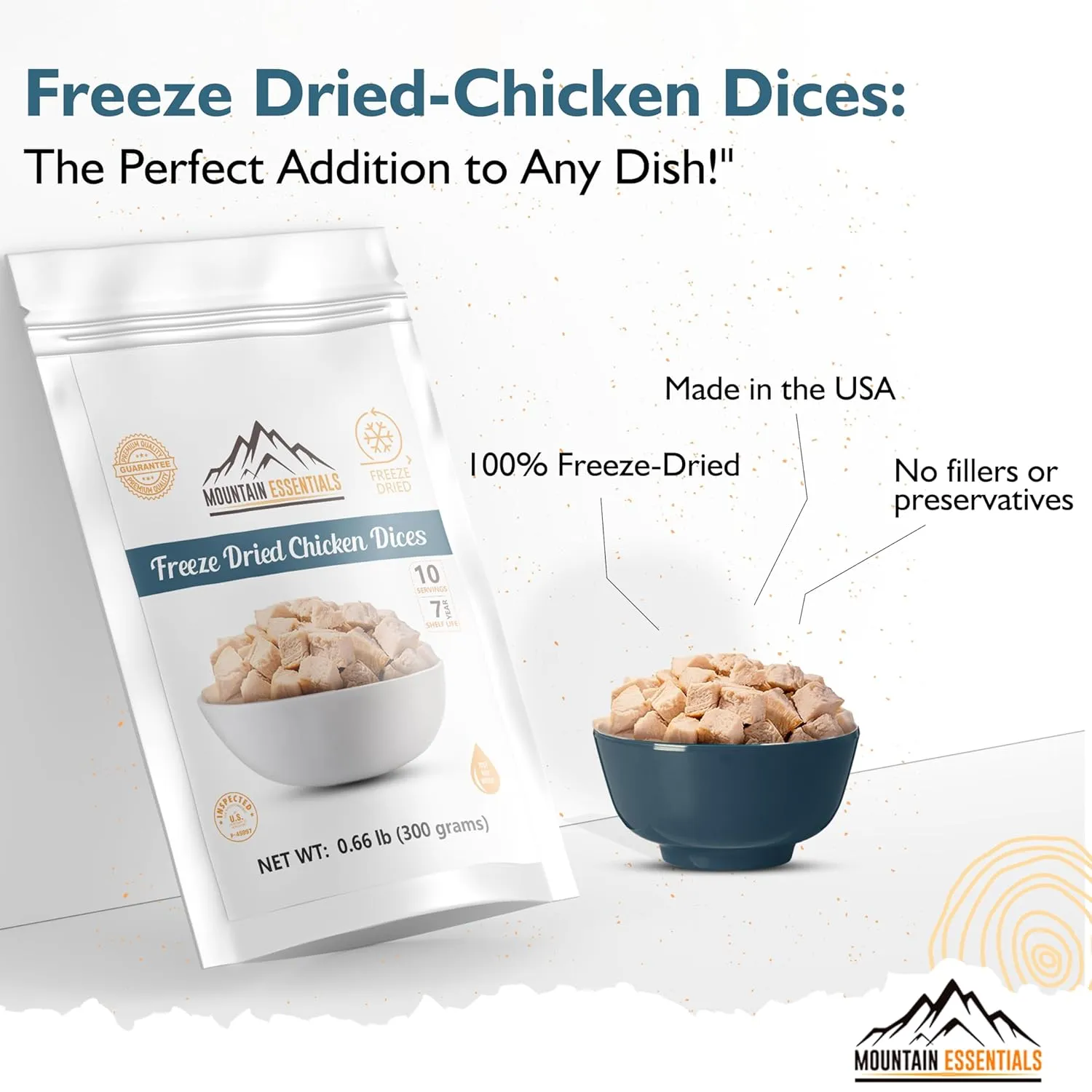 MOUNTAIN ESSENTIALS Freeze Dried Chicken Dices | Pre-Cooked Meat Emergency Survival Bulk Food Storage Ready to Eat Fully Cooked Home Meals Hunting, Survival, Camping, Backpacking Food 10 serving per Pouch Pack of 1