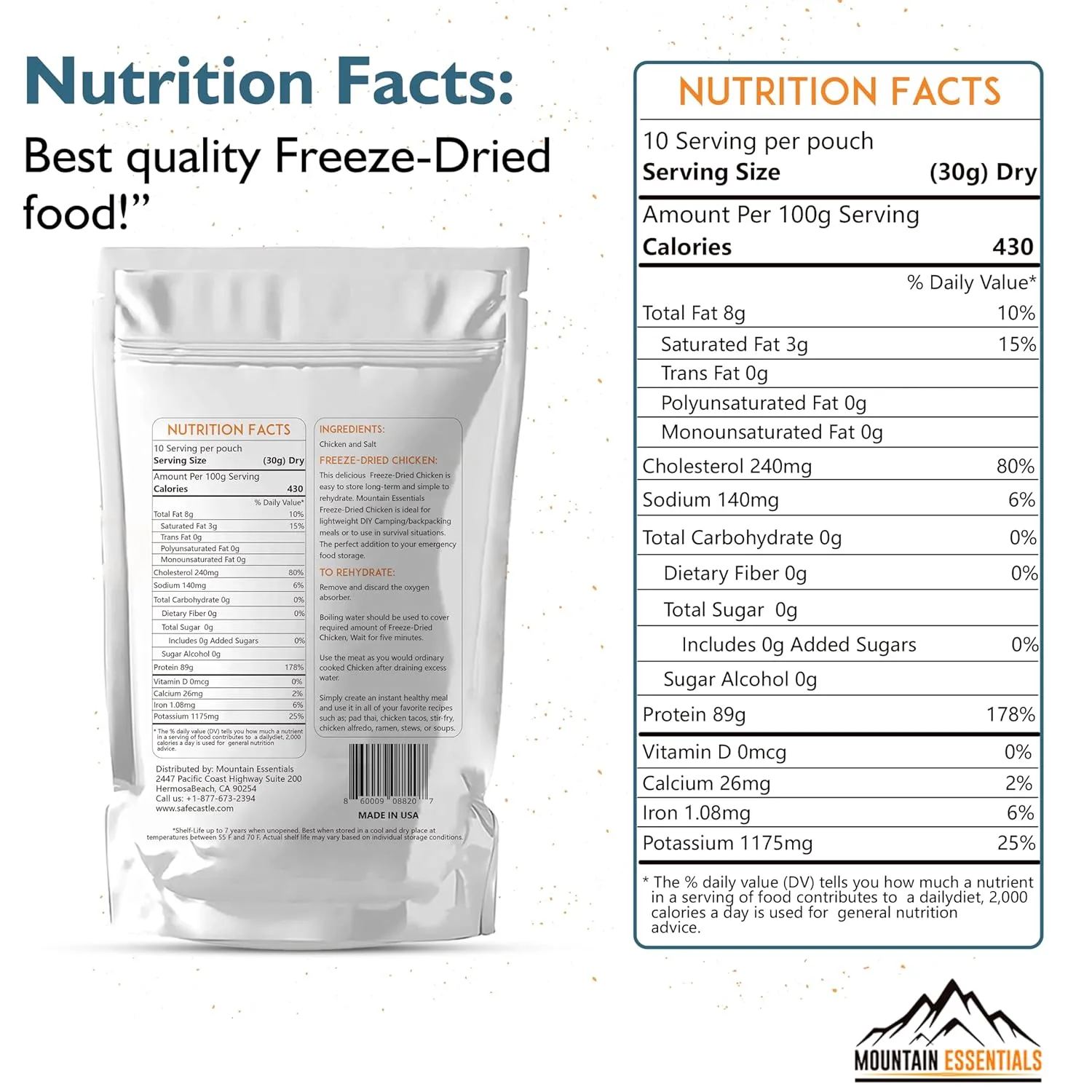 MOUNTAIN ESSENTIALS Freeze Dried Chicken Dices | Pre-Cooked Meat Emergency Survival Bulk Food Storage Ready to Eat Fully Cooked Home Meals Hunting, Survival, Camping, Backpacking Food 10 serving per Pouch Pack of 1