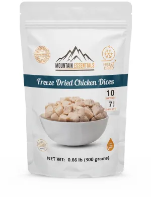 MOUNTAIN ESSENTIALS Freeze Dried Chicken Dices | Pre-Cooked Meat Emergency Survival Bulk Food Storage Ready to Eat Fully Cooked Home Meals Hunting, Survival, Camping, Backpacking Food 10 serving per Pouch Pack of 1