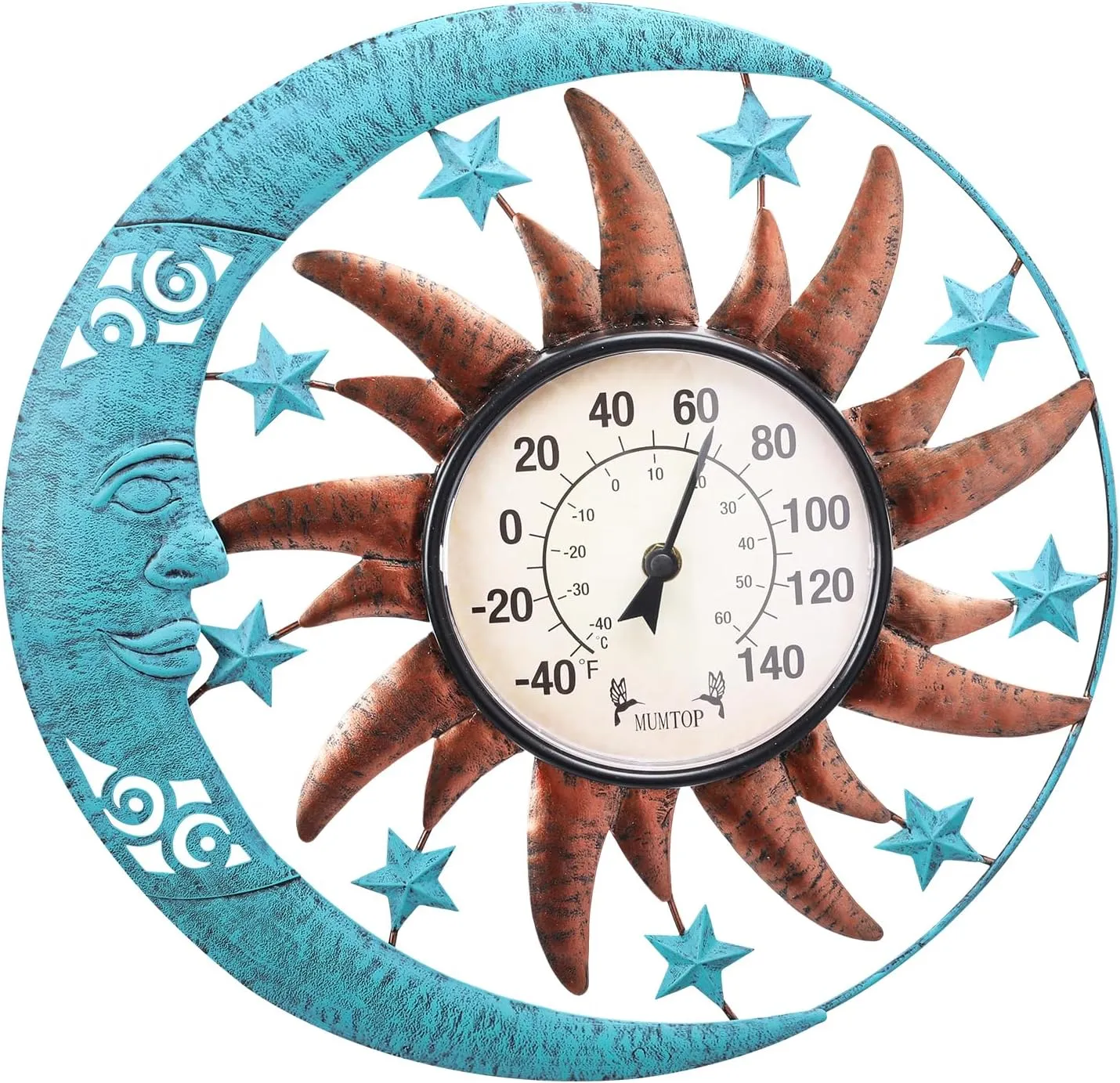 MUMTOP 12.5 Inch Sun Moon Indoor Outdoor Thermometer, Large Number Decorative Wall Mounted Thermometer for Patio, Yard, Garden