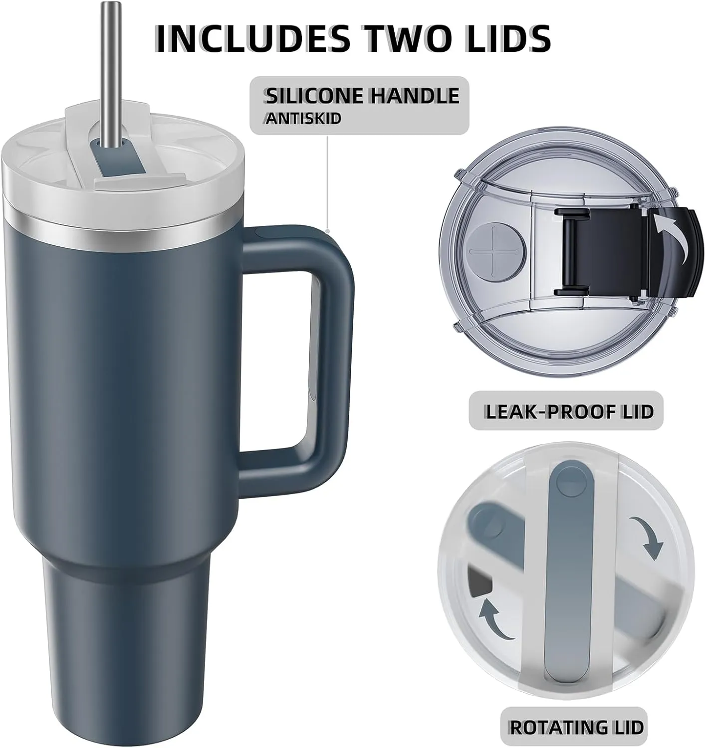 MURRICON 40 oz Tumbler with Handle and Straw,Reusable Vacuum Quencher Tumbler with Lid,Stainless Steel Insulated Travel Mug,for Coffee and Beverages(Storm Blue)