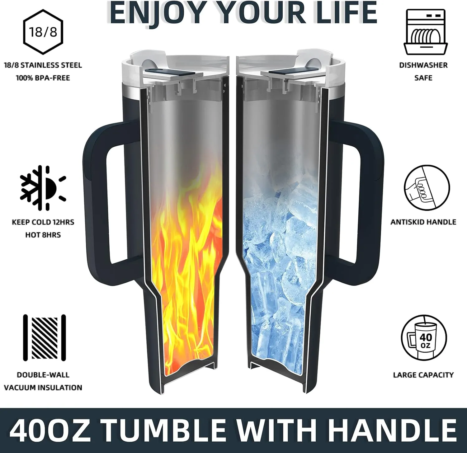 MURRICON 40 oz Tumbler with Handle and Straw,Reusable Vacuum Quencher Tumbler with Lid,Stainless Steel Insulated Travel Mug,for Coffee and Beverages(Storm Blue)