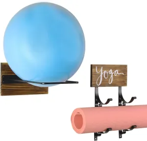 MyGift Yoga Mat and Stability Ball Holder - Rustic Burnt Wood and Black Metal Wall Mounted Exercise Yoga Equipment Organizer, 2 Pc Set