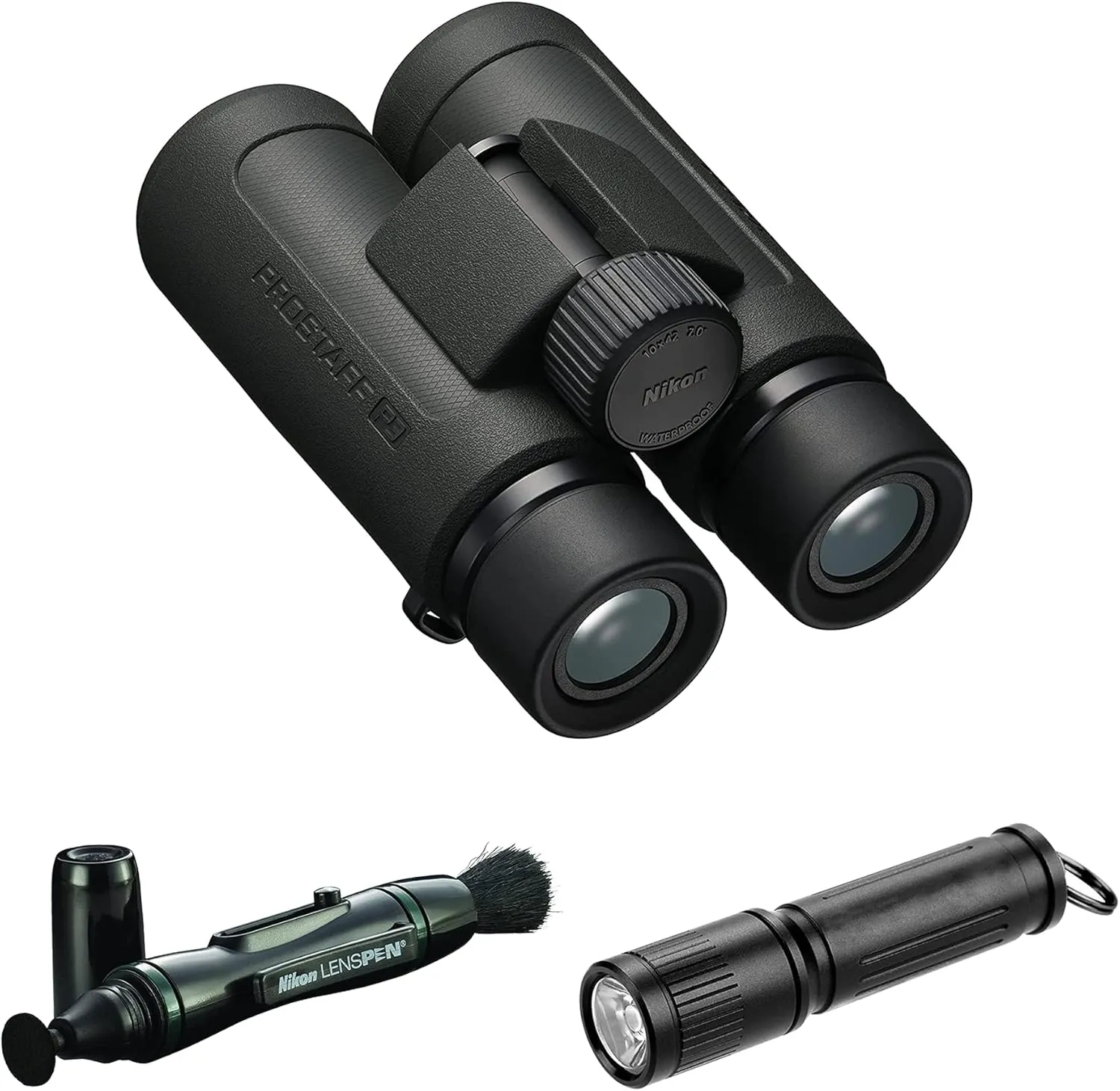 Nikon PROSTAFF P3 10x42 Waterproof Binocular for Adults | Small & Compact Travel Binoculars for Bird Watching | Lens Pen Cleaning System, & Flashlight Bundle Set