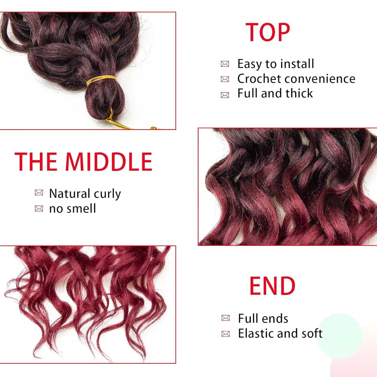 Ocean Wave Crochet Hair 24inch Deep Wave Curly Crochet Hair For Women Burgundy Hawaii Curly Braiding Hair Synthetic Bohemian Crochet Braid Water Waves Crochet hair Extensions (6Packs, 1B/BUG)