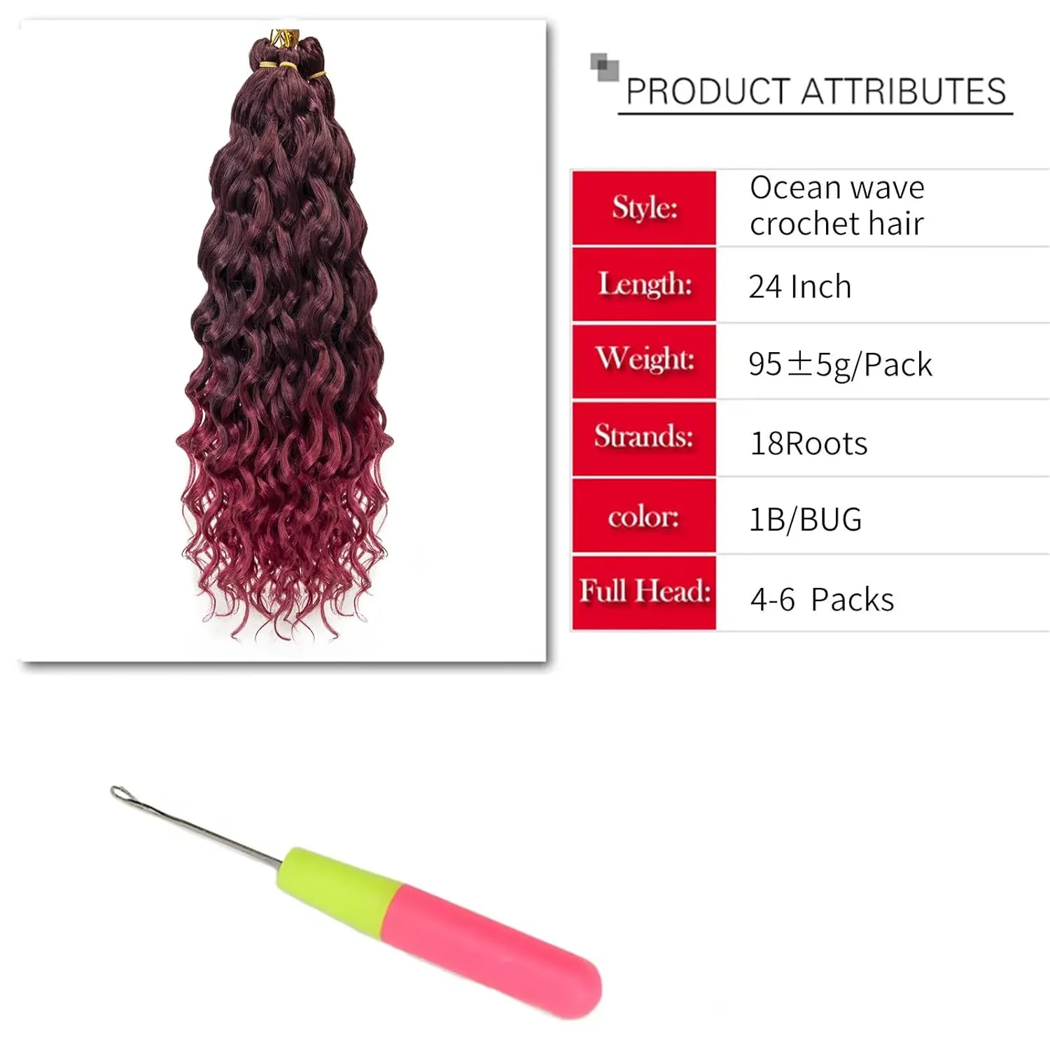 Ocean Wave Crochet Hair 24inch Deep Wave Curly Crochet Hair For Women Burgundy Hawaii Curly Braiding Hair Synthetic Bohemian Crochet Braid Water Waves Crochet hair Extensions (6Packs, 1B/BUG)