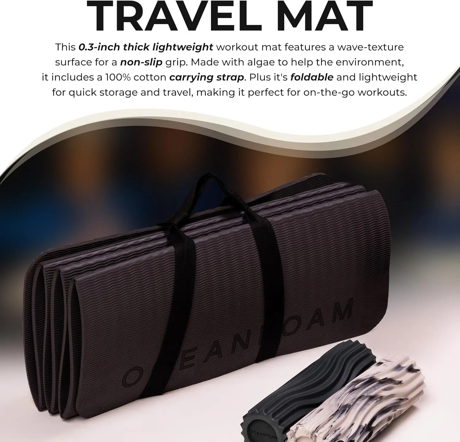 Oceanfoam Travel Workout Mat – Thick Folding Exercise Mat for Yoga, Pilates, & Fitness – Non-Slip with Cotton Carrying Strap, Made with Sustainable Algae Foam