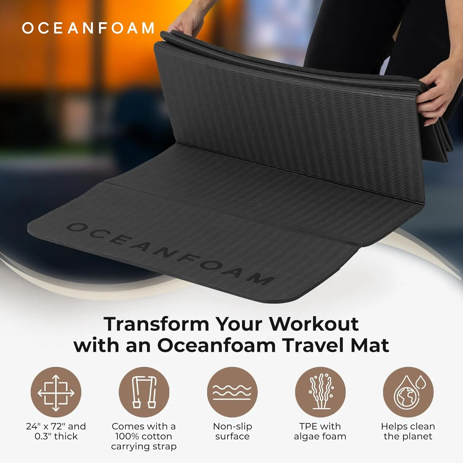Oceanfoam Travel Workout Mat – Thick Folding Exercise Mat for Yoga, Pilates, & Fitness – Non-Slip with Cotton Carrying Strap, Made with Sustainable Algae Foam