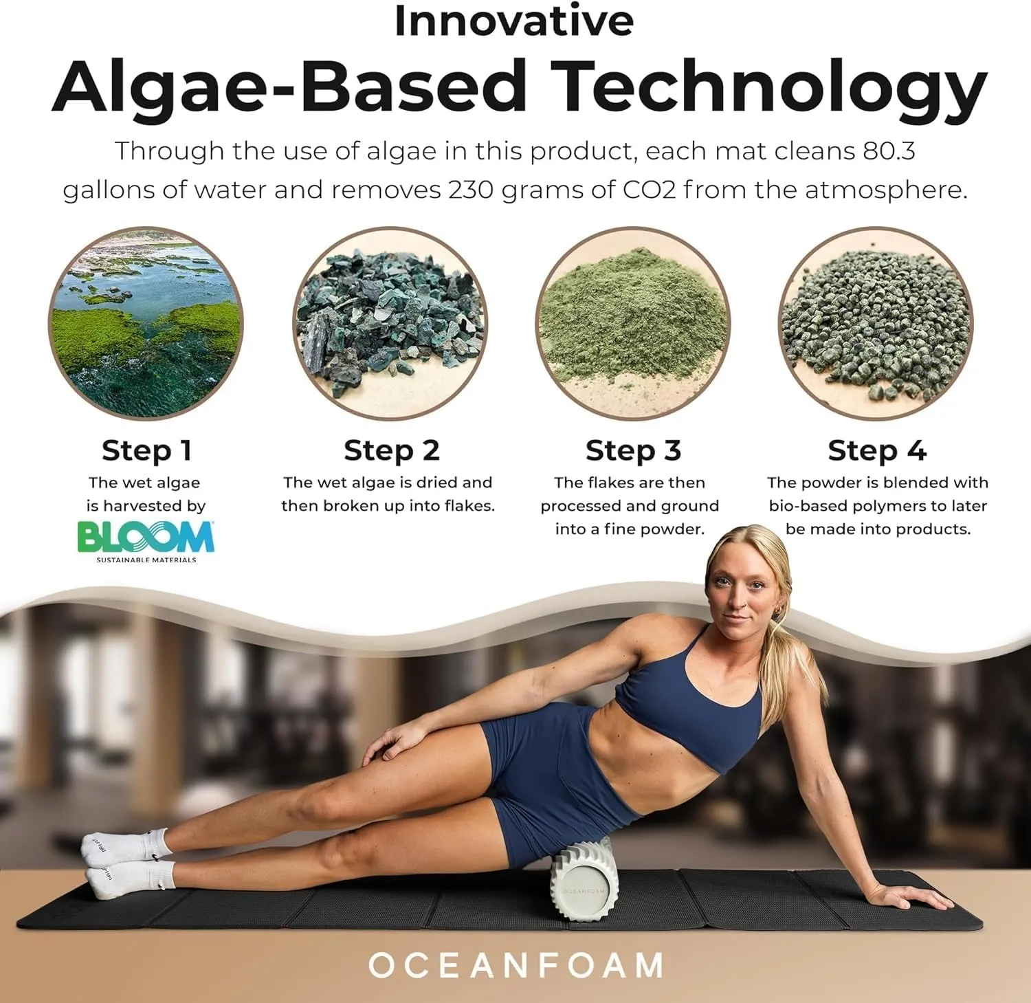 Oceanfoam Travel Workout Mat – Thick Folding Exercise Mat for Yoga, Pilates, & Fitness – Non-Slip with Cotton Carrying Strap, Made with Sustainable Algae Foam