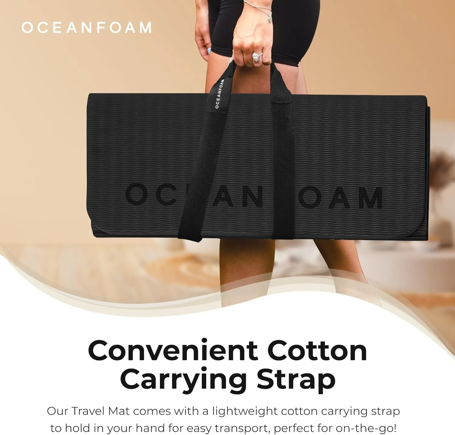 Oceanfoam Travel Workout Mat – Thick Folding Exercise Mat for Yoga, Pilates, & Fitness – Non-Slip with Cotton Carrying Strap, Made with Sustainable Algae Foam