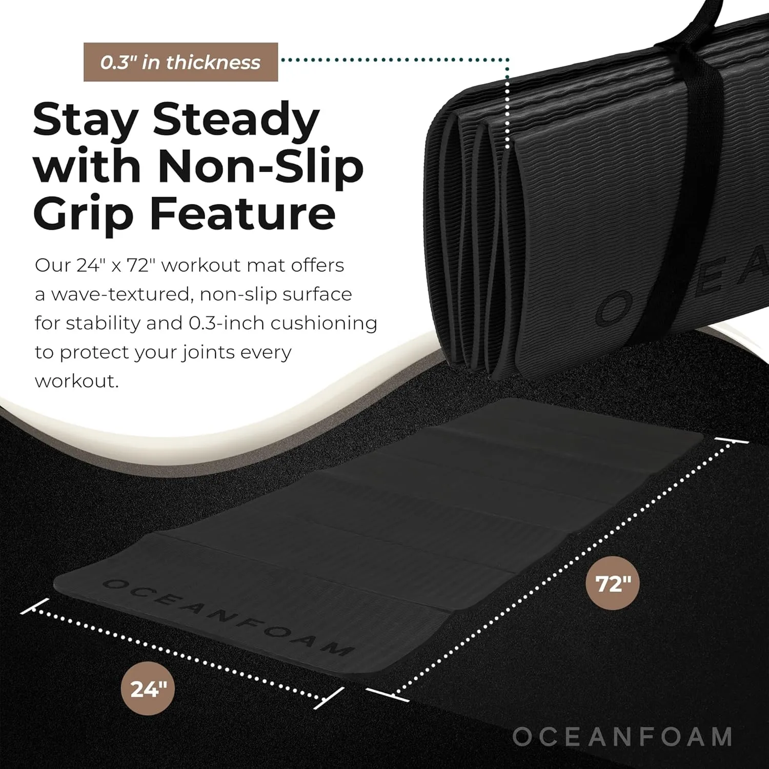 Oceanfoam Travel Workout Mat – Thick Folding Exercise Mat for Yoga, Pilates, & Fitness – Non-Slip with Cotton Carrying Strap, Made with Sustainable Algae Foam
