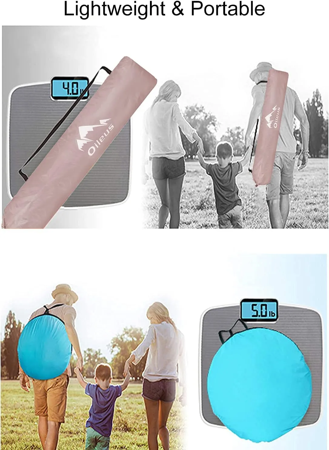 Oileus X-Large 4 Person Beach Tent Sun Shelter - Portable Sun Shade Instant Tent for Beach with Carrying Bag, Stakes, 6 Sand Pockets, Anti UV for Fishing Hiking Camping, Waterproof Windproof, Pink